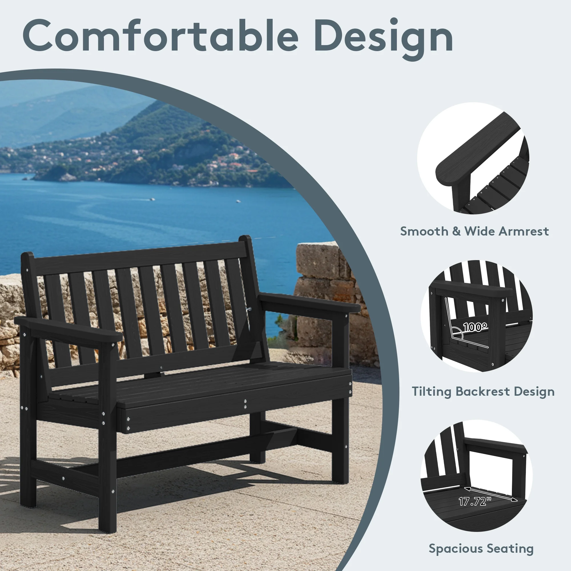 Outdoor Bench for 2-Person, Weather-Resistant HDPE with Aluminum Reinforcement, Supports 660 lbs, Comfortable Seating for Patio, Garden, and Porch, Black(Black/Single) - Image 9