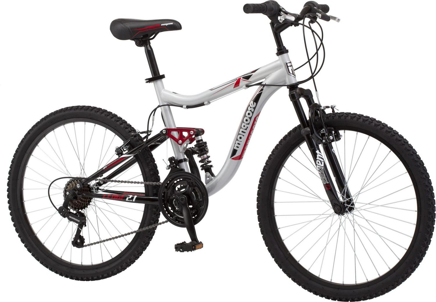 Mongoose Ledge 2.1 Mountain Bike. 24 - Inch Wheels. 21 Speeds. Boys Frame. Silver/Red