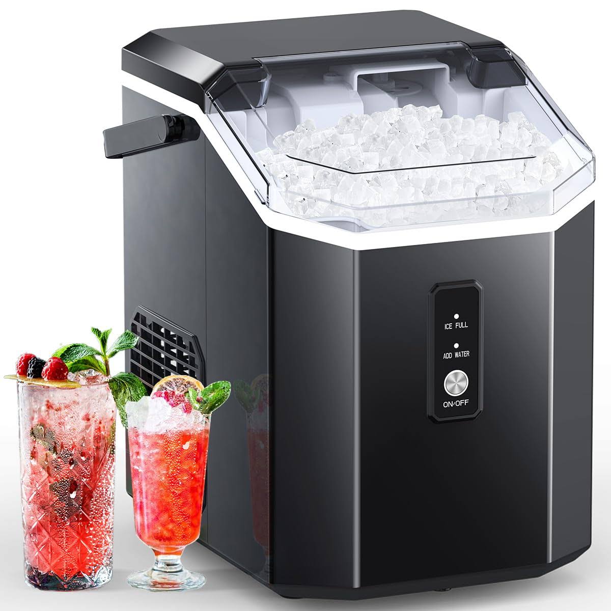 COWSAR Nugget Ice Maker, Portable Countertop Machine with Self-Cleaning, 34LBS/Day, Handle, Scoop and Basket for Home Office Party, Black
