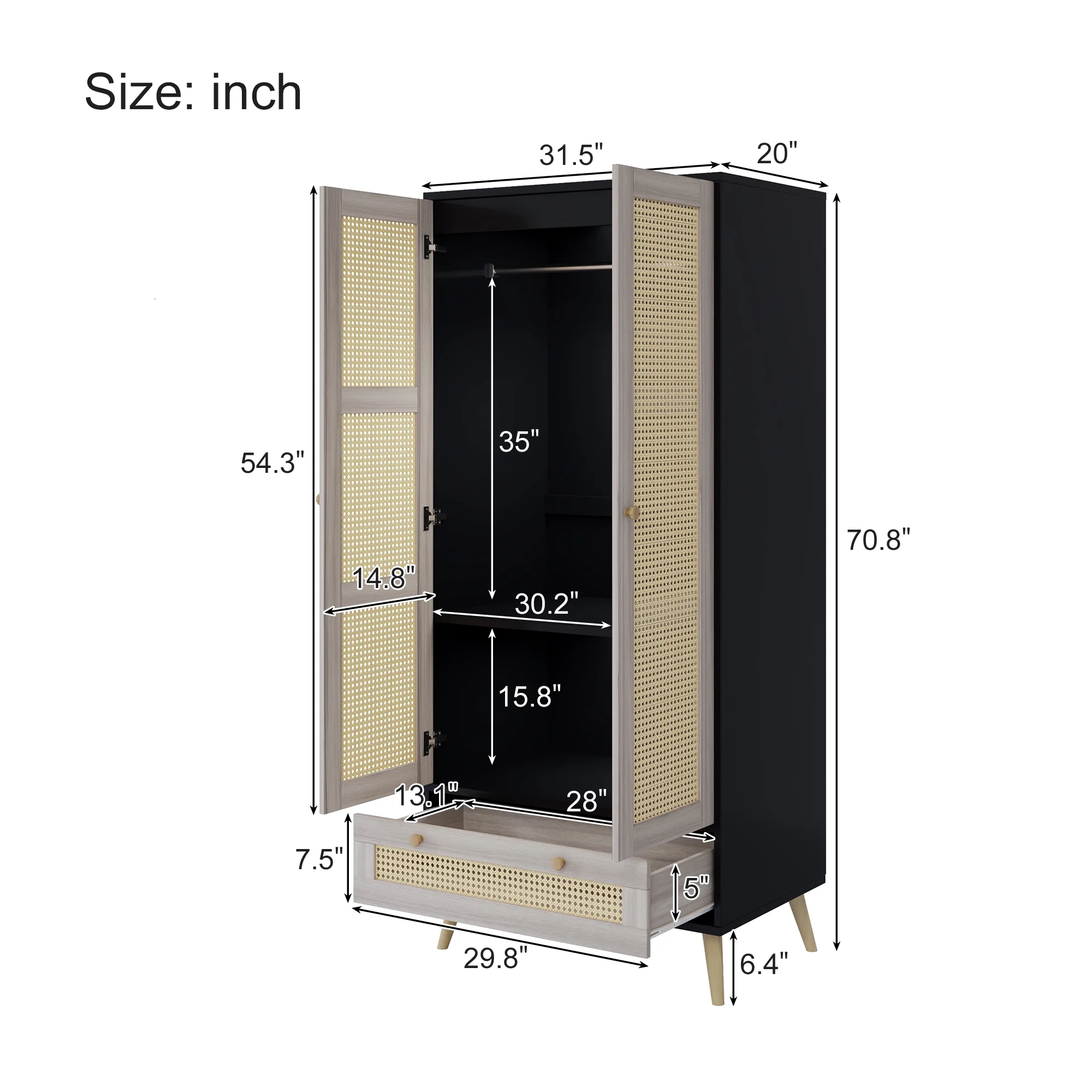 Accent Cabinet with Rattan Doors Drawer, Modern Storage Armoire for Living Room, Bedroom, Natural Wood Finish - Image 6