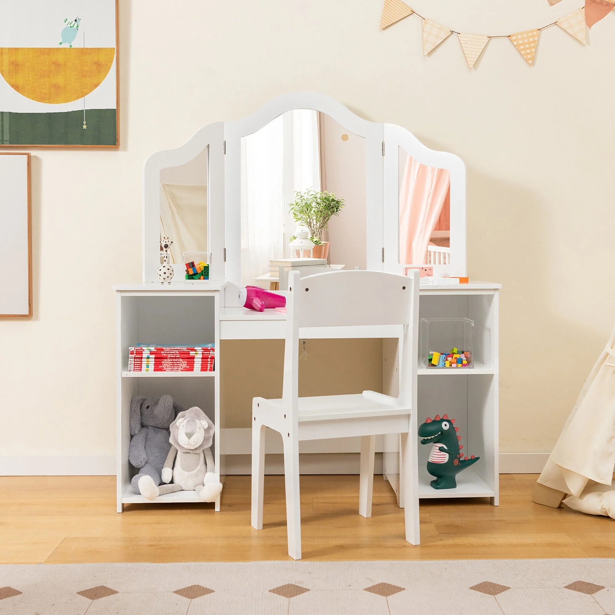 Gymax Kids Vanity 2 in 1 Princess Makeup Desk Chair Set Safe Tri fold Mirror White(Pink) Image 5