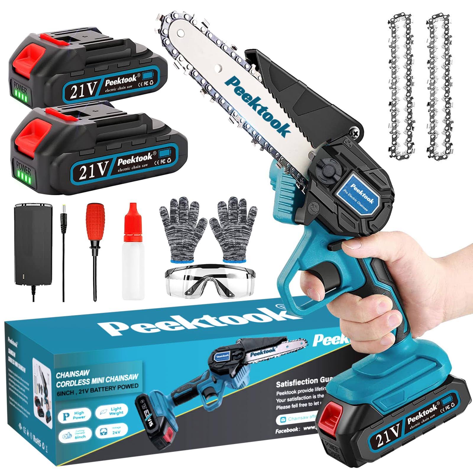 6-Inch Mini Chainsaw, Peektook Electric Chainsaw Cordless Chain Saw with 2 Large