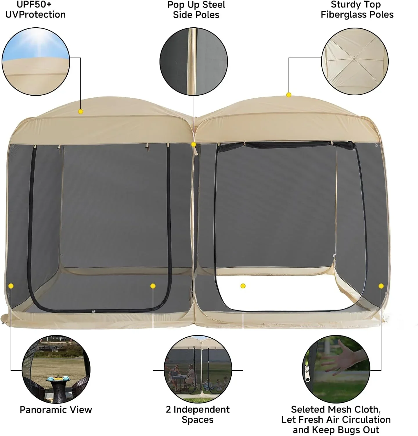 Gazebo moustiquaire pouvant accueillir 6, 10 ou 15 personnes. Tente de style igloo avec moustiquaire latérale. Idéal