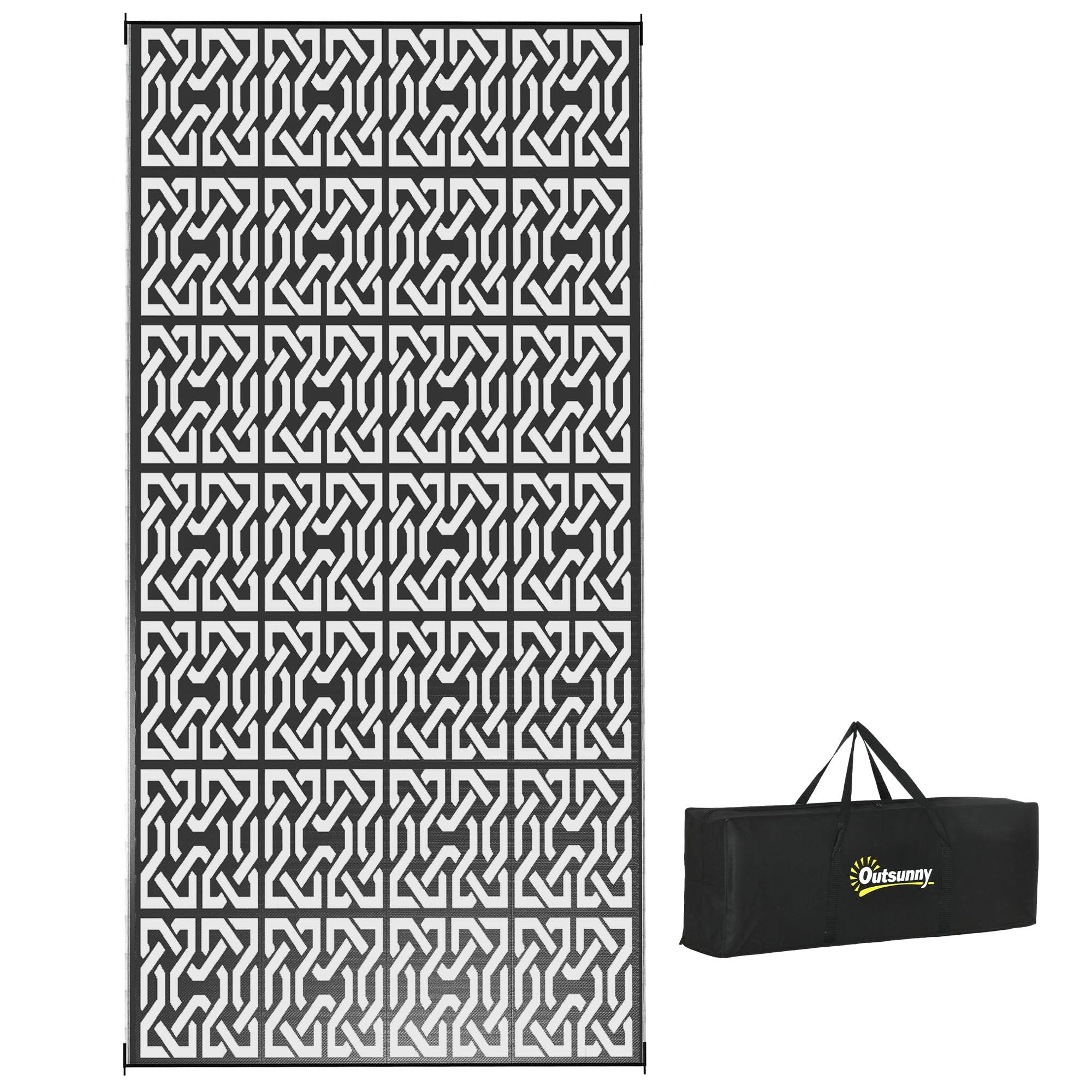 Outsunny Outdoor Rug & Bag, 9' x 18' Plastic Rug, Black White Chain