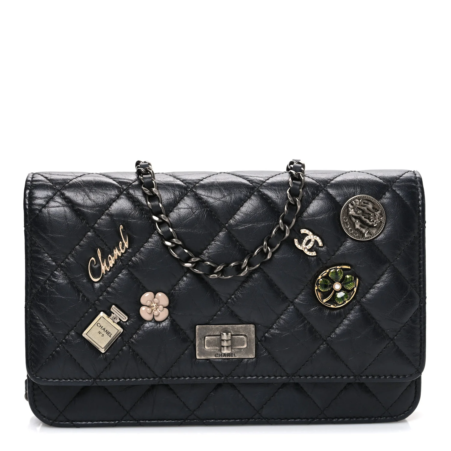 Aged Calfskin Quilted Lucky Charms 2.55 Reissue Wallet On Chain WOC Black
