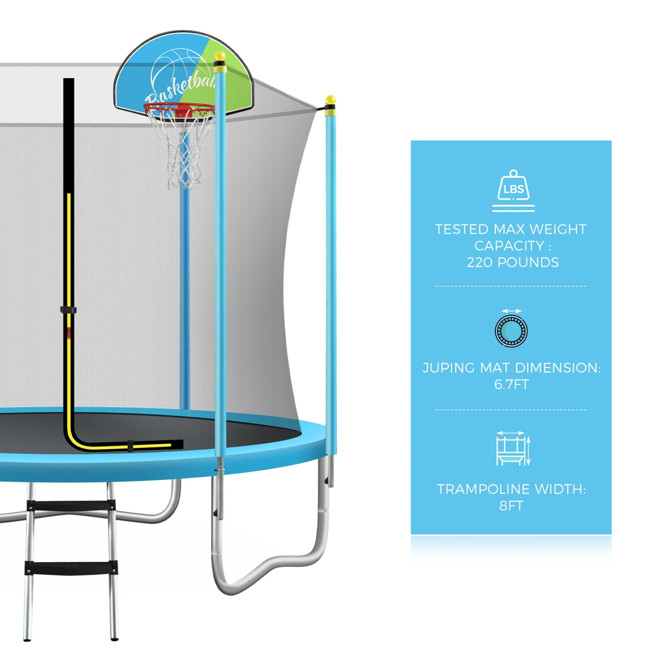 Noble House 8FT Outdoor Trampoline for Kids with Safety Enclosure Net, Basketball Hoop  Ladder, Blue(Blue)