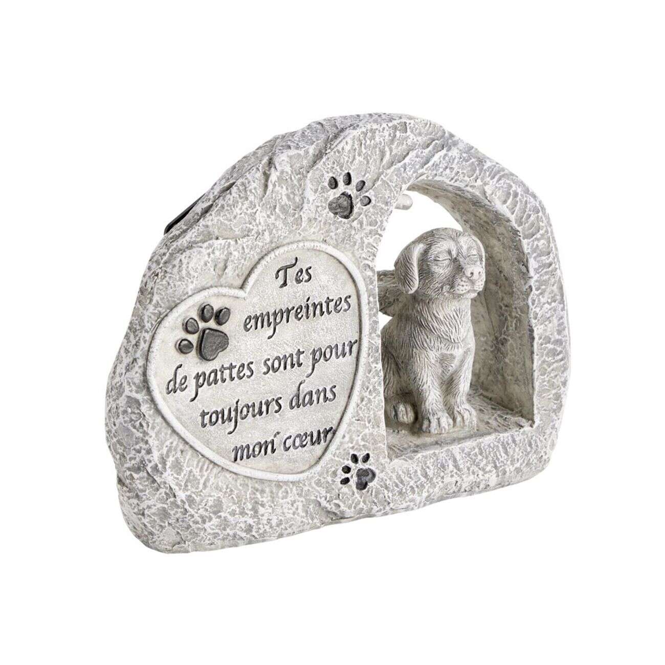 Plaque funéraire solaire LED avec chien polyrésine gris 15x5xH11,5cm