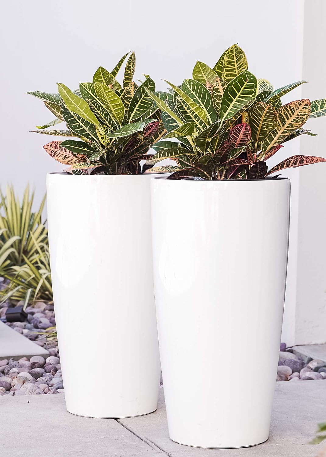 Nested Plastic Self Watering Indoor Outdoor Tall Round Planter Pot, Set of 2, 29.5 Inch Tall, White