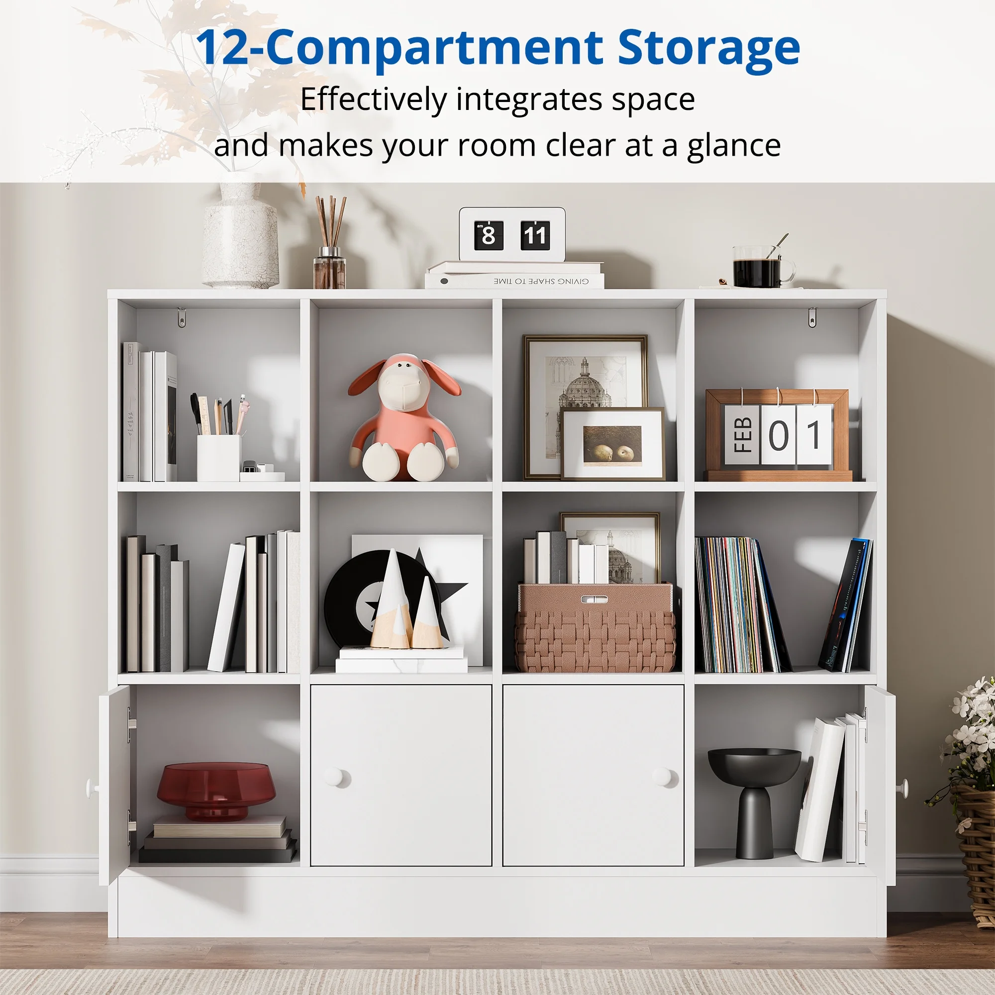 3-Tier Open Cube Bookcase with 12 Cubes and 4 Doors, Adjustable Shelves, White(White) - Image 9