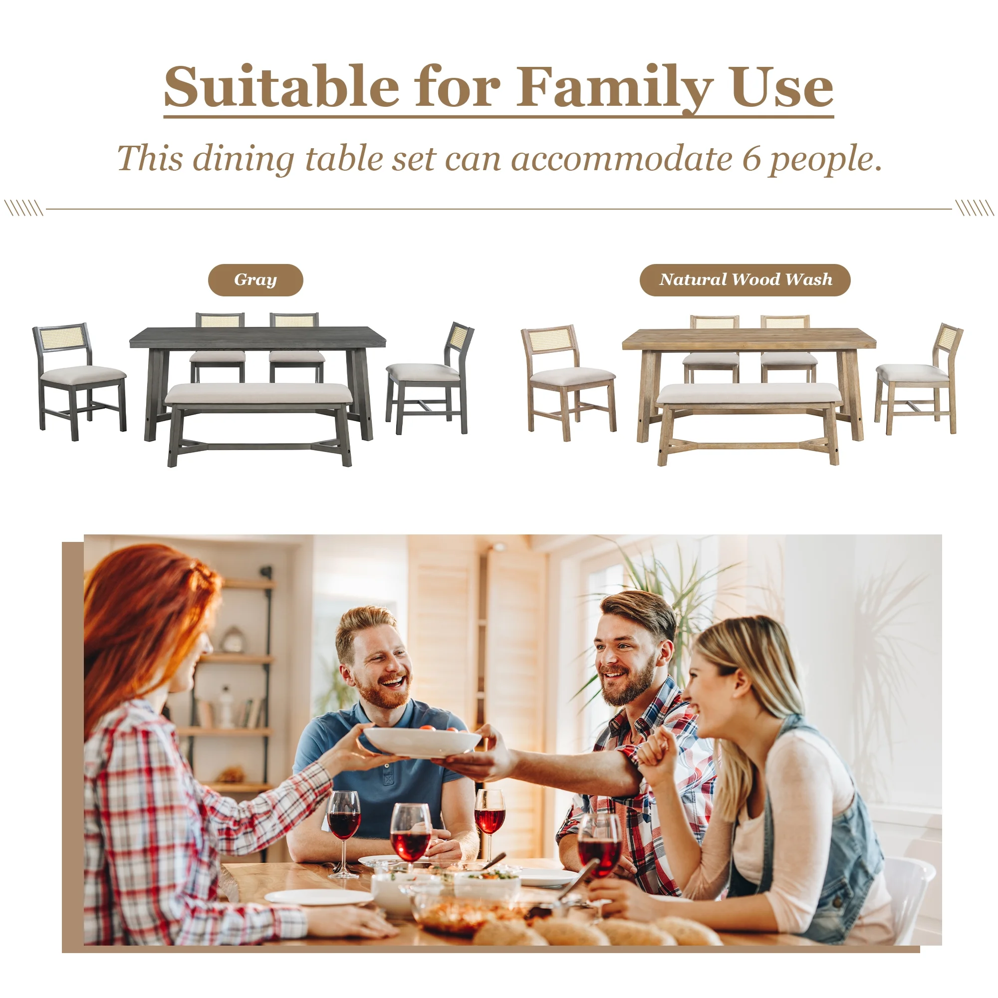 6-piece Retro Farmhouse Dining Set, Wood Rectangular Table and 4 Upholstered Rattan Chairs, Bench, Dining Table Set for 5-7, Dining Table Set for Kitchen Dining Room Dorm Apartment, Wood Wash(Natural Wood Wash/Style #2) - Image 5