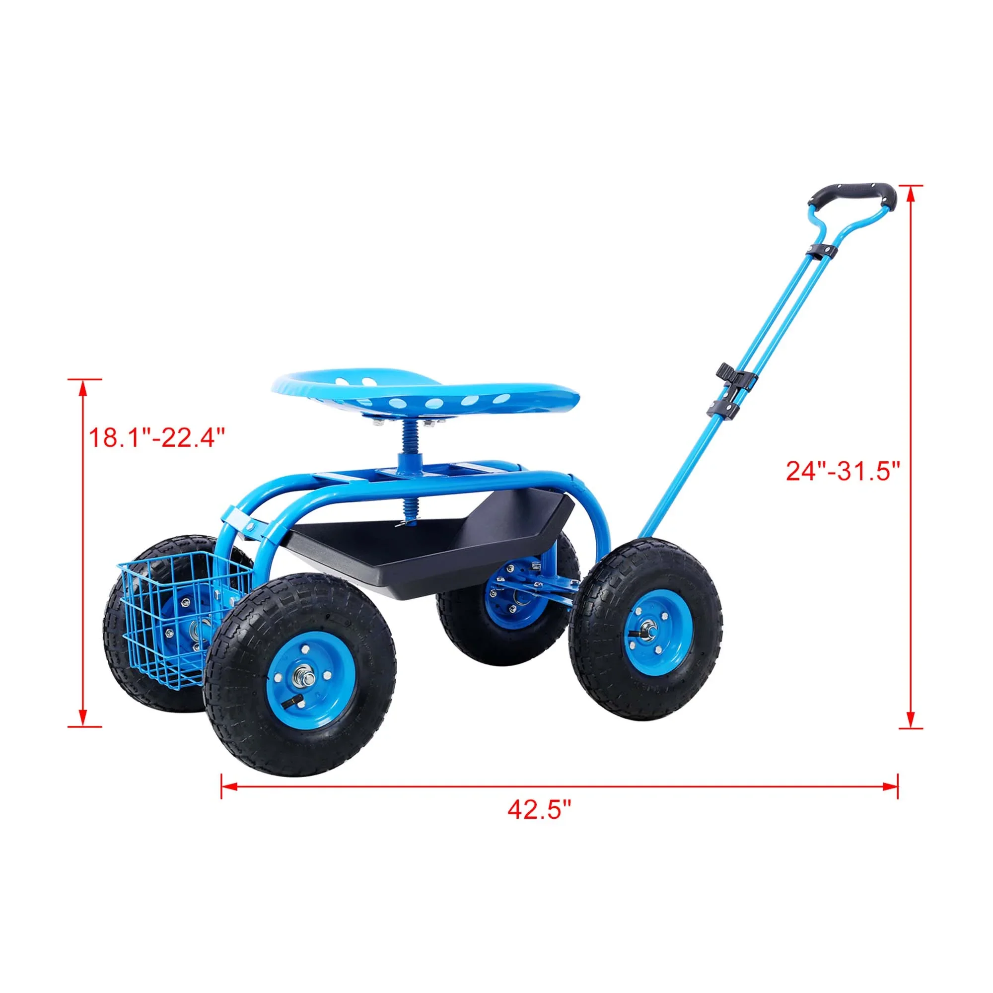 Aukfa Rolling Garden Cart Scooter with Swivel Seat, Wheels, and Tool Tray - Red