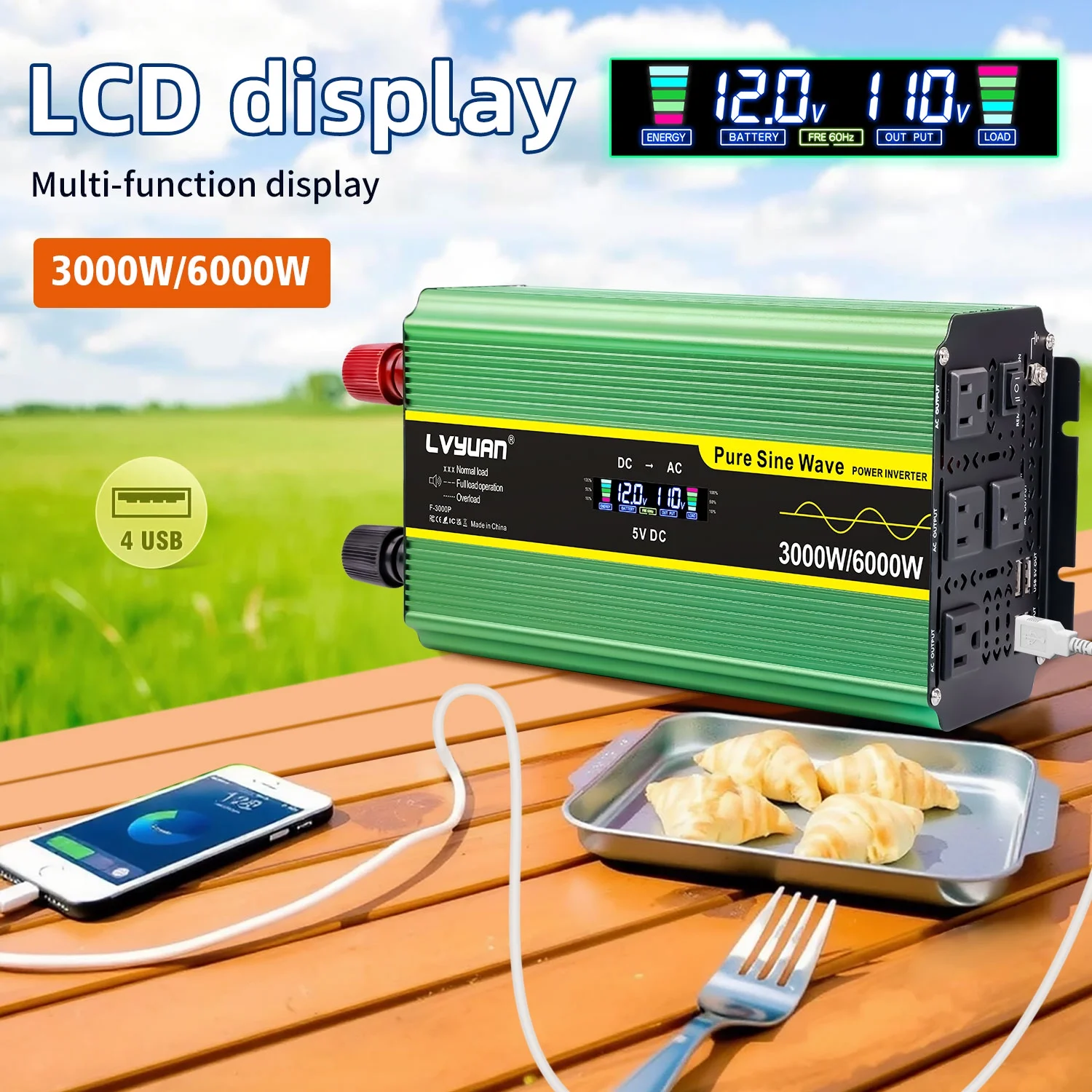 LVYUAN 3000watts Pure Sine Wave Power Inverter DC 12V to AC 110V 120V Converter 4USB 4AC LCD Display with Remote Control