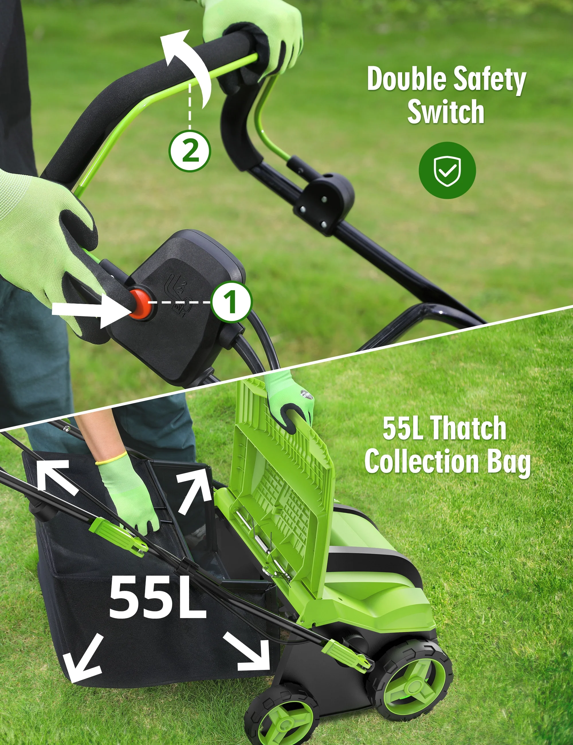 SWIPESMITH 16 15 Amp Electric Dethatcher Scarifier, Lawn with 5 - Position Depth Adjustment, 14.5 Gal Removable Thatch Collection Bag, Quick - Fold, Keeps Health