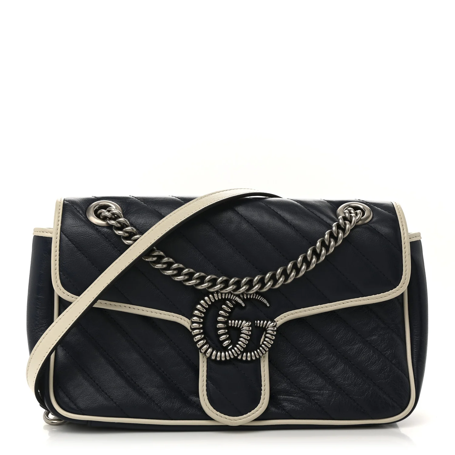 Vintage Effect Calfskin Matelasse Diagonal Small Torchon GG Marmont Shoulder Bag Blue Agata Mystic White