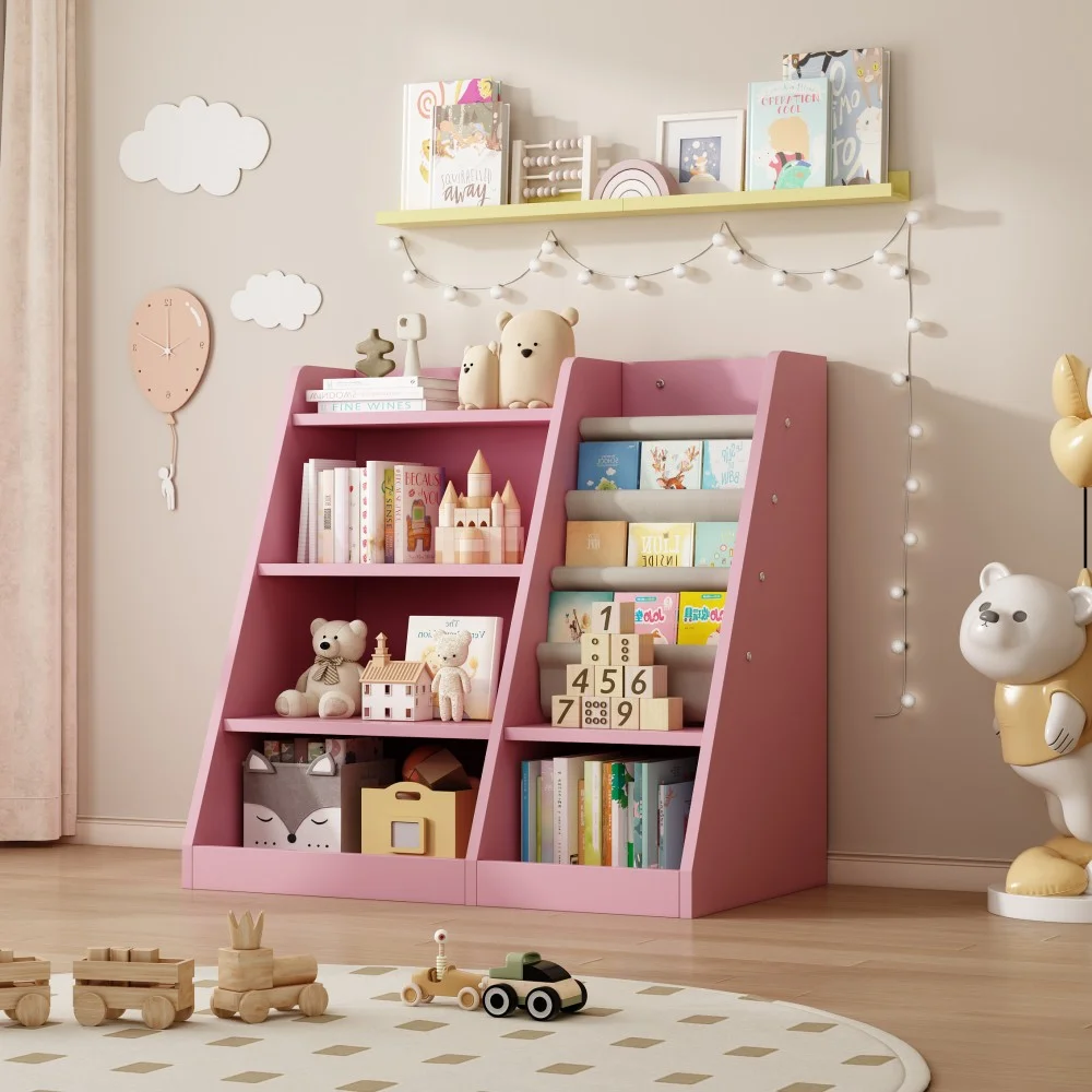 Montessori Kid Bookshelf, Modern Wood Bookcase 4 Tier Children Book Rack Display Toy Storage Organizer Sling Book Rack for Classroom Bedroom Nursery Playroom (Pink)(Pink) - Image 10