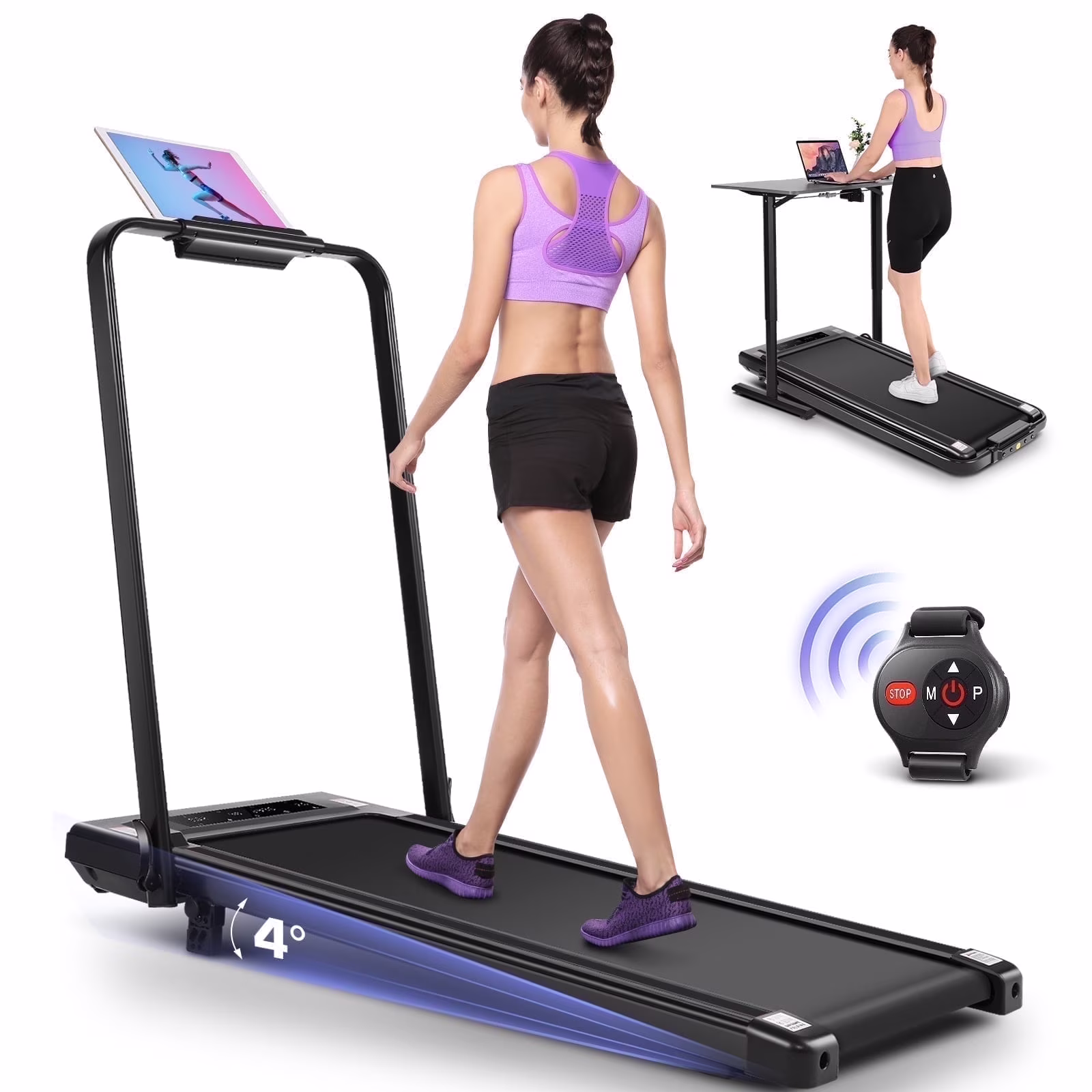 2 in 1 Walking Pad Treadmill with Incline, 2.5HP Under Desk Treadmill with Handle Remote Control LED Touch Screen for Home Office Workout, 300lbs Weight Capacity Black Green(A-98-G) - Image 3