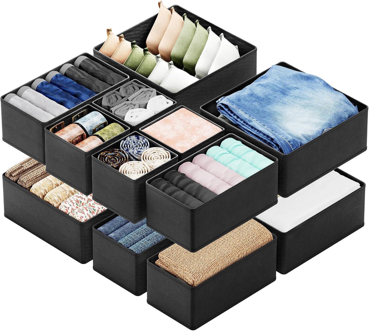 SpaceAid Drawer Organizer Clothes, 12 Pack Dresser Organizer Bins for Nursery, Closet Organization and Storage Dividers for Clothing, Baby Clothes, Underwear, Socks (Black)