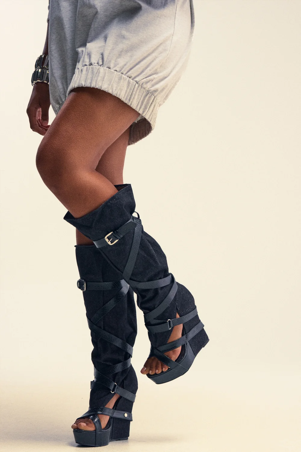 AZALEA WANG ROTHKID BLACK DENIM  KNEE HIGH OPEN TOE BOOT - Akira Store