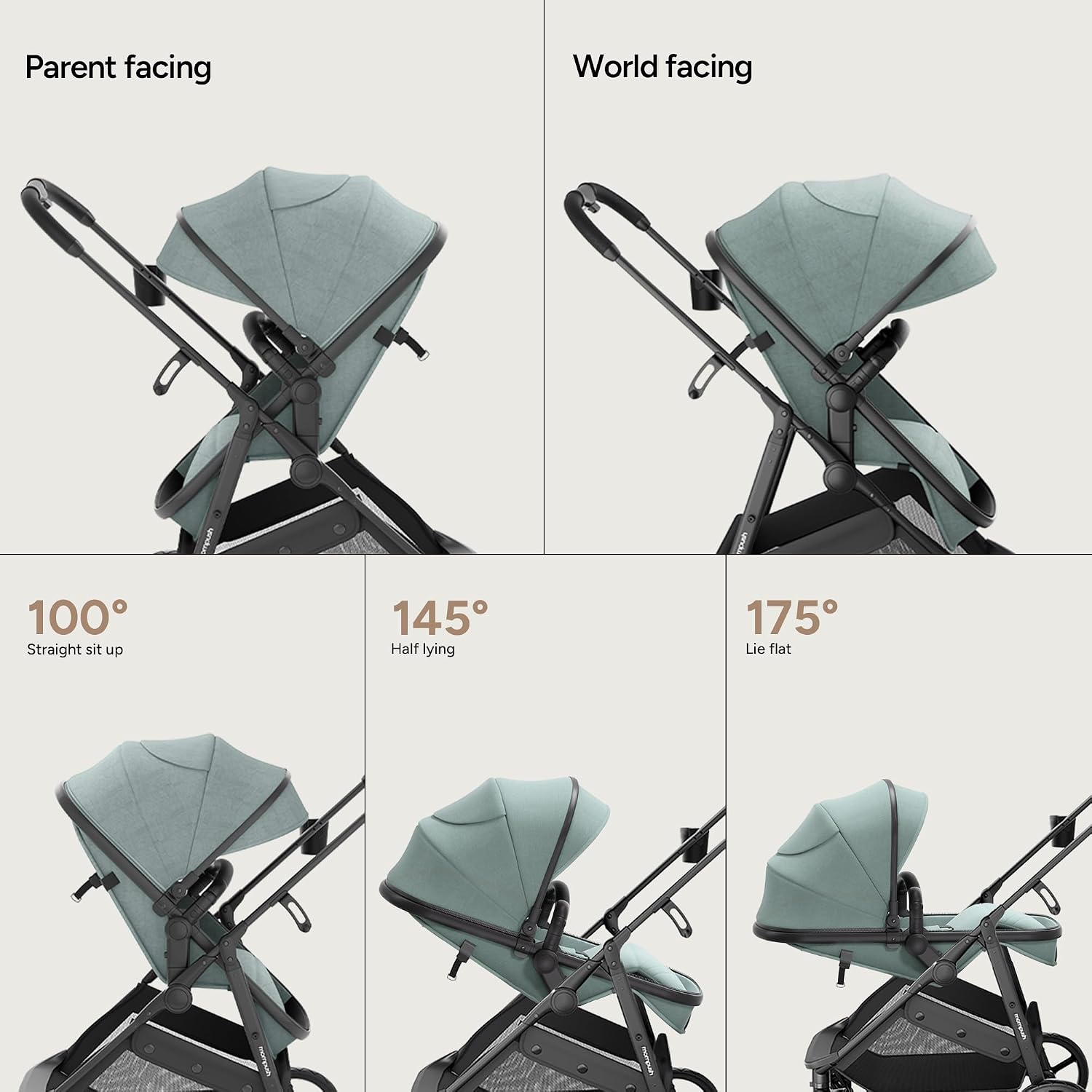 Mompush Wiz 2-in-1 Bassinet Stroller Reversible Seat, One-Hand Fold, Sage