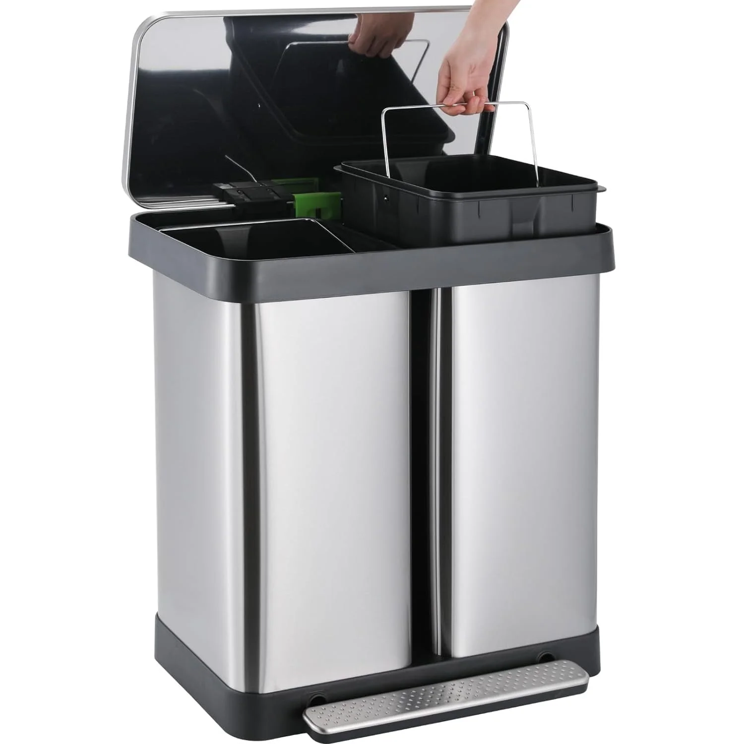 16 Gallon / 60L Dual Trash Can, Stainless Steel Kitchen Garbage Can with Soft-Close Lid, Home Office Classified Recycle Bin(Silver) - Image 4
