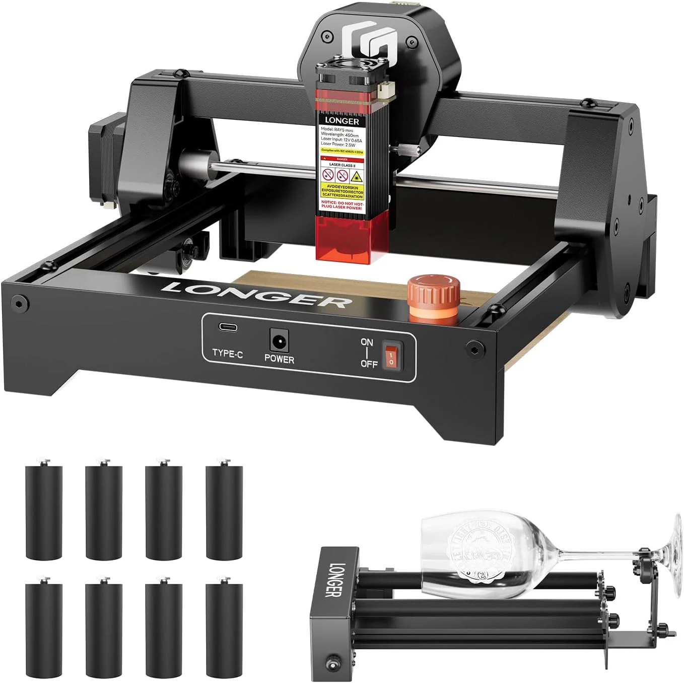 Graveur laser LONGER RAY5 Mini 3,5 W avec kit de rouleau rotatif, découpe haute vitesse 12 000 mm/min pour bois, métal, acrylique, cuir, CNC DIY, zone de gravure 130 x 140 mm, Wi-Fi, arrêt d'urgence.