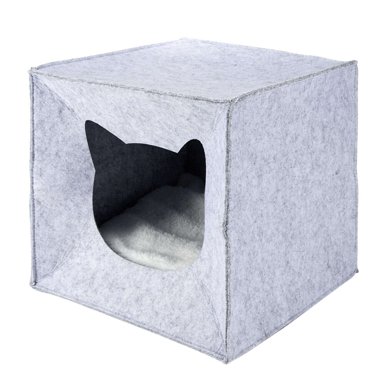 Couchage chat carré en feutrine ouverture frontale tête de chat 31x29xH31cm