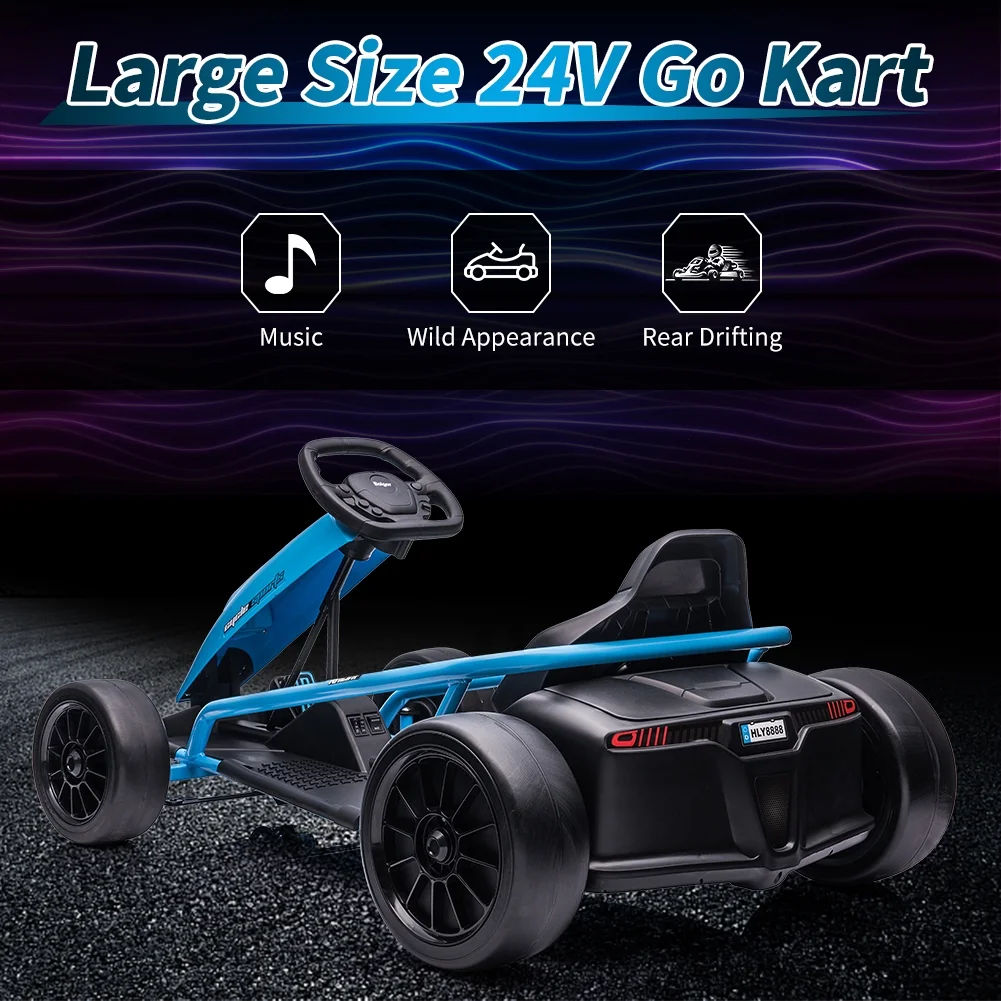 Go Kart for Kids 24V Battery 300WX2 Motors Pedal On Foot Go Cart 8MPH High Speed Drifting Car with Slow Start Function Music Elastic Durable Tires, Blue(Blue) - Image 5