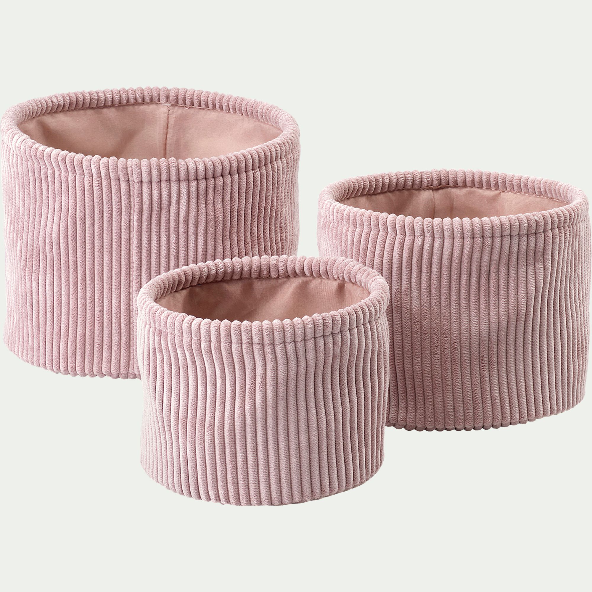 VELA - Lot de 3 paniers ronds en velours côtelé - rose