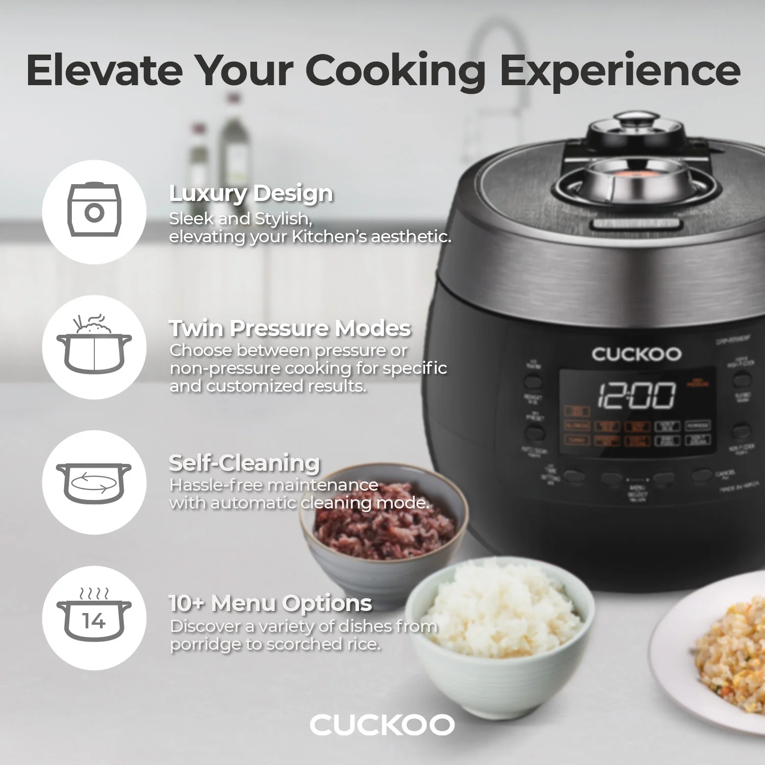 CUCKOO CRP - RT0609FB 6 - Cup (Uncooked) / 12 - Cup (Cooked) Twin Pressure Rice Cooker & Warmer with Nonstick Inner Pot, 14 Menu Options, Safe Steam Release, 3 Voice Guide, Auto Clean (Black)