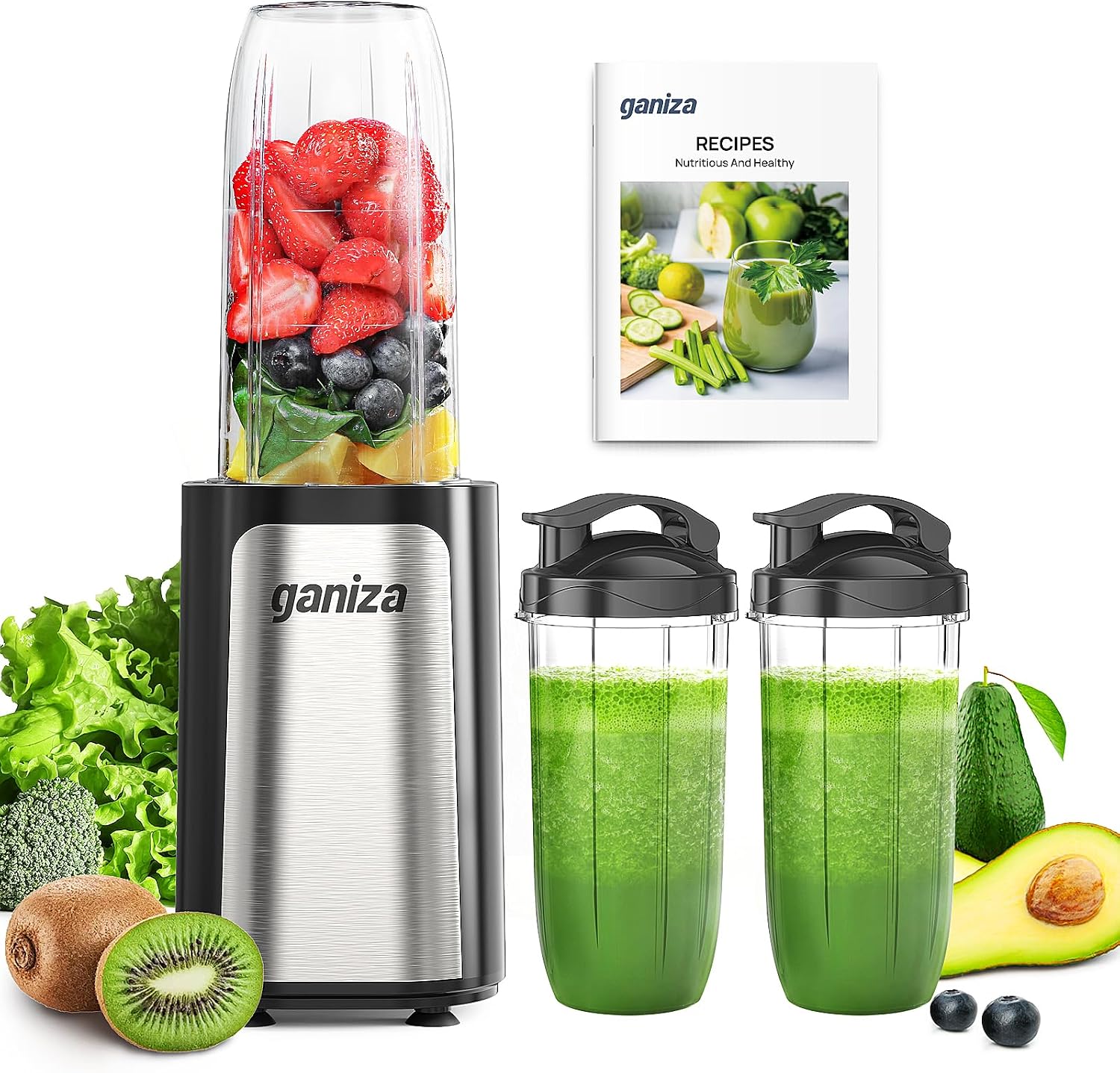 Ganiza Blender for Smoothies, 14Pcs Personal Blender for Shakes and Smoothies for Kitchen with 3 Portable Cups (1x24oz & 2x17oz), Single Serve Smoothie Maker, Nutritious Recipe