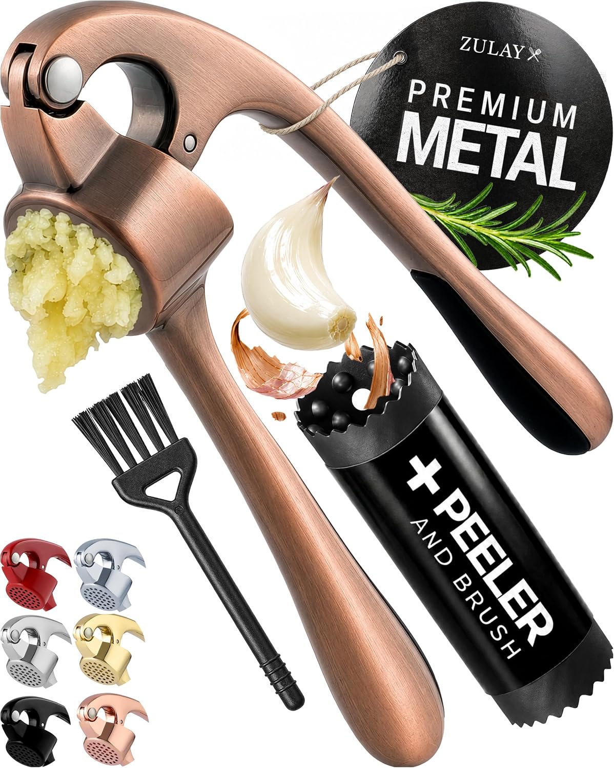 Zulay Kitchen Premium Garlic Press Set - Rust Proof Professional Garlic Mincer Tool - Easy-Squeeze, Easy-Clean with Soft, Ergonomic Handle - Silicone Garlic Peeler & Brush (Silver)