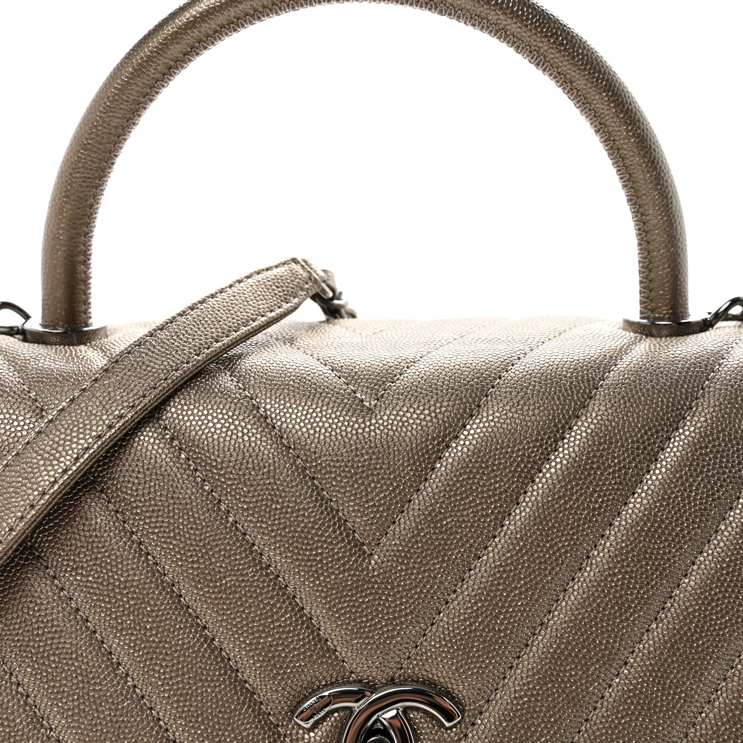 Metallic Caviar Chevron Quilted Small Coco Handle Flap Light Gold