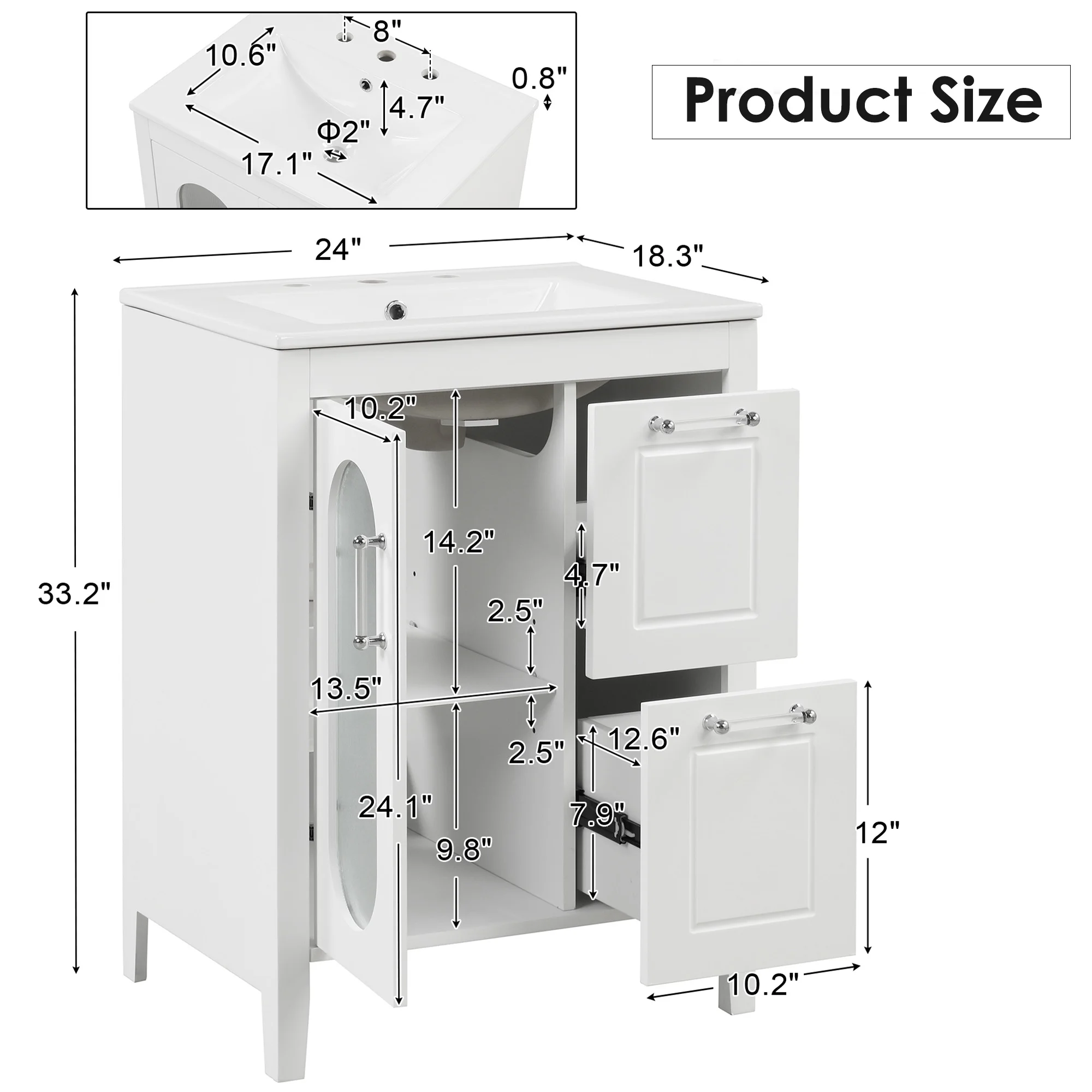 24" Bathroom Vanity with Ceramic Sink, Solid Wood Bathroom Makeup Cabinet with Door, Adjustable Shelf and 2 Drawer, Free Standing Single Basin Vanity Set for Small Bathroom, White(White) - Image 2
