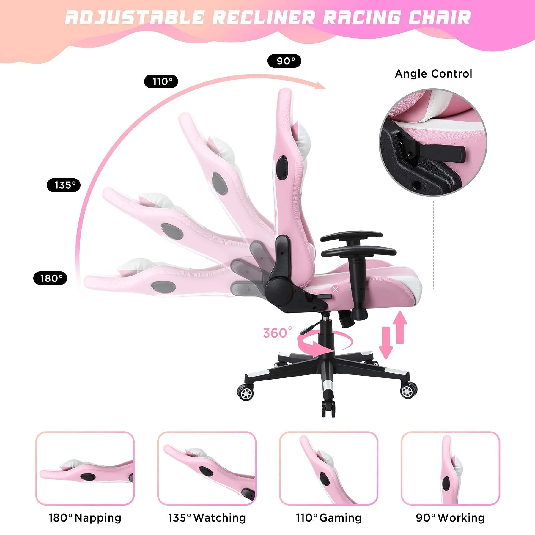 Gaming Chair with Speakers Video and RGB LED Lights, Pink PU Leather Ergonomic Racing Office Chair(Blue) Image 5
