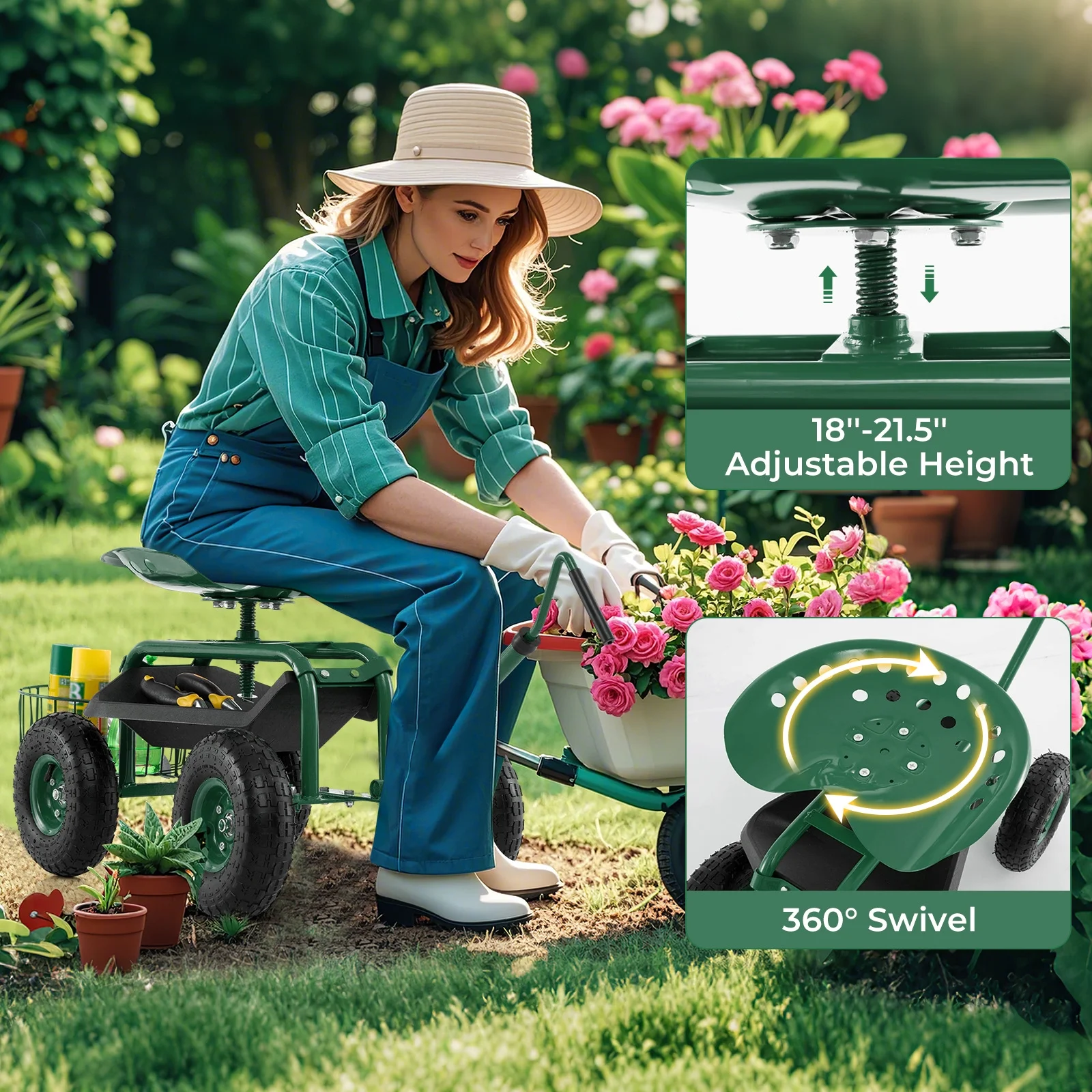 Garden Cart Rolling Work Seat for Planting with Extendable Handle Green(Green) - Image 8