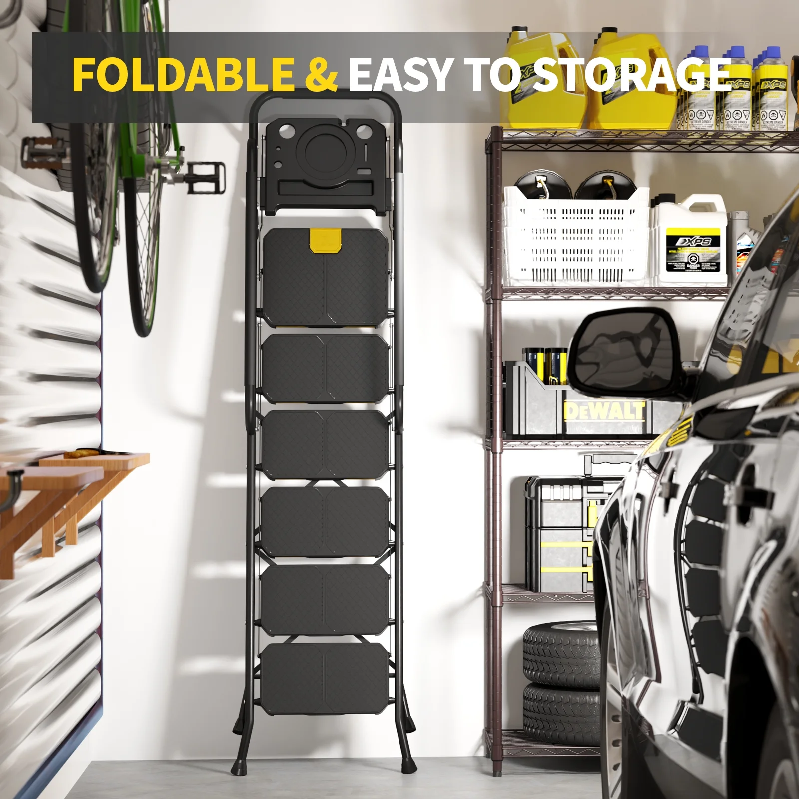 6 Step Ladder, Metal Ladder with Tool PlatformHandrails, 800 lbs Capacity, Black - Image 2
