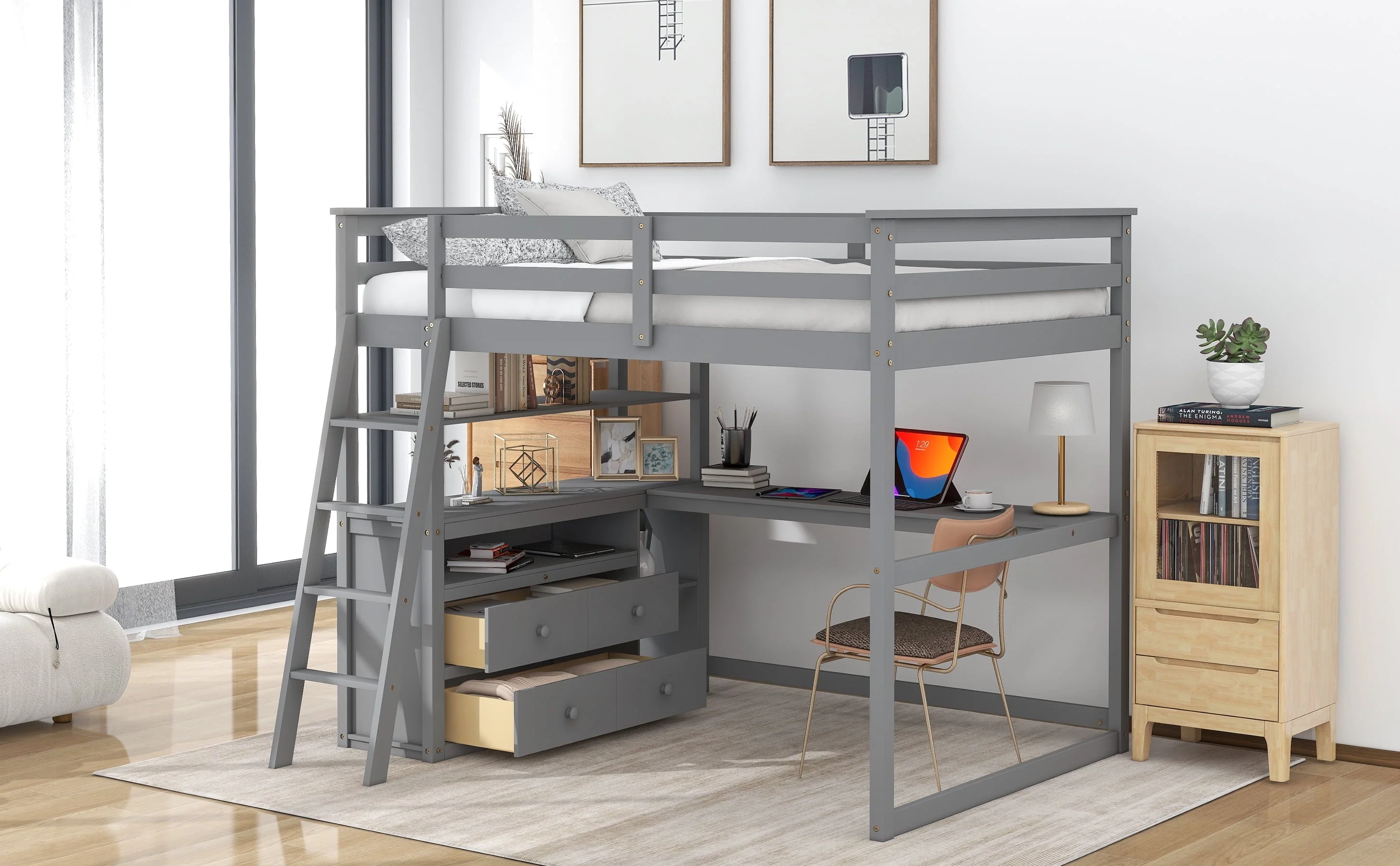 Euroco Full Size Wood Loft Bed with Desk, Shelves and Cabinets for Kids Room, Incline Ladder and 3 Drawers, Gray Image 5