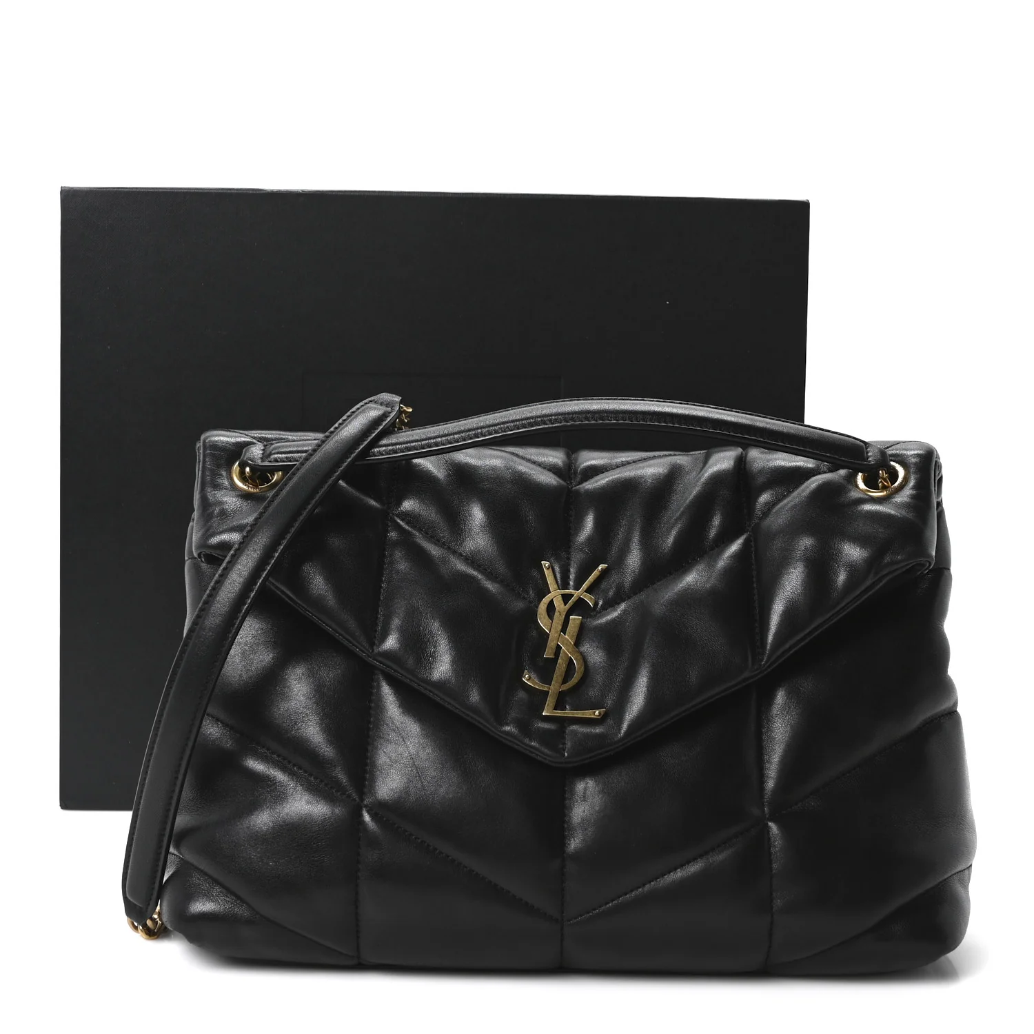 Lambskin Quilted Medium Loulou Puffer Monogram Chain Satchel Black