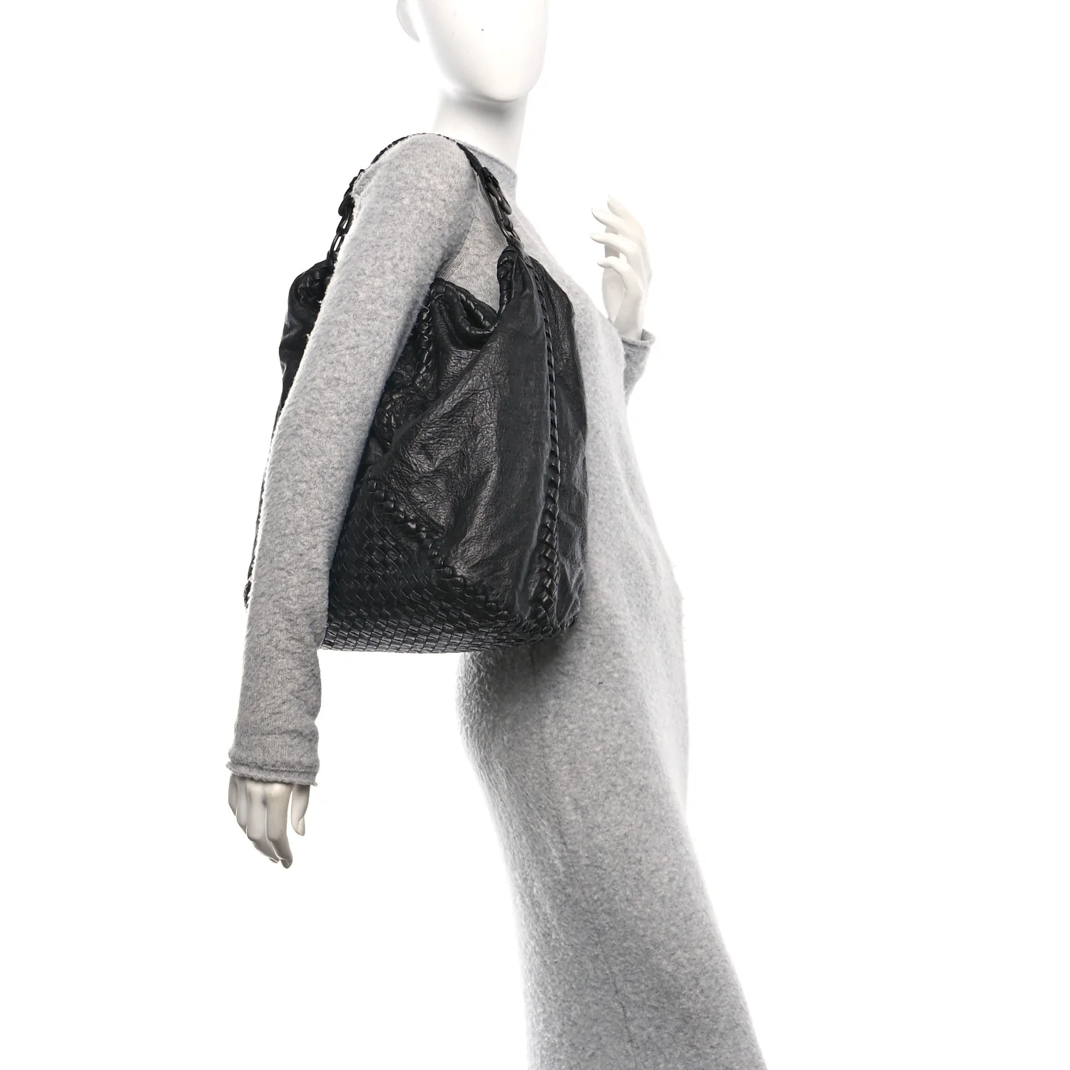 Grained Lambskin Intrecciato Large Shoulder Bag Black