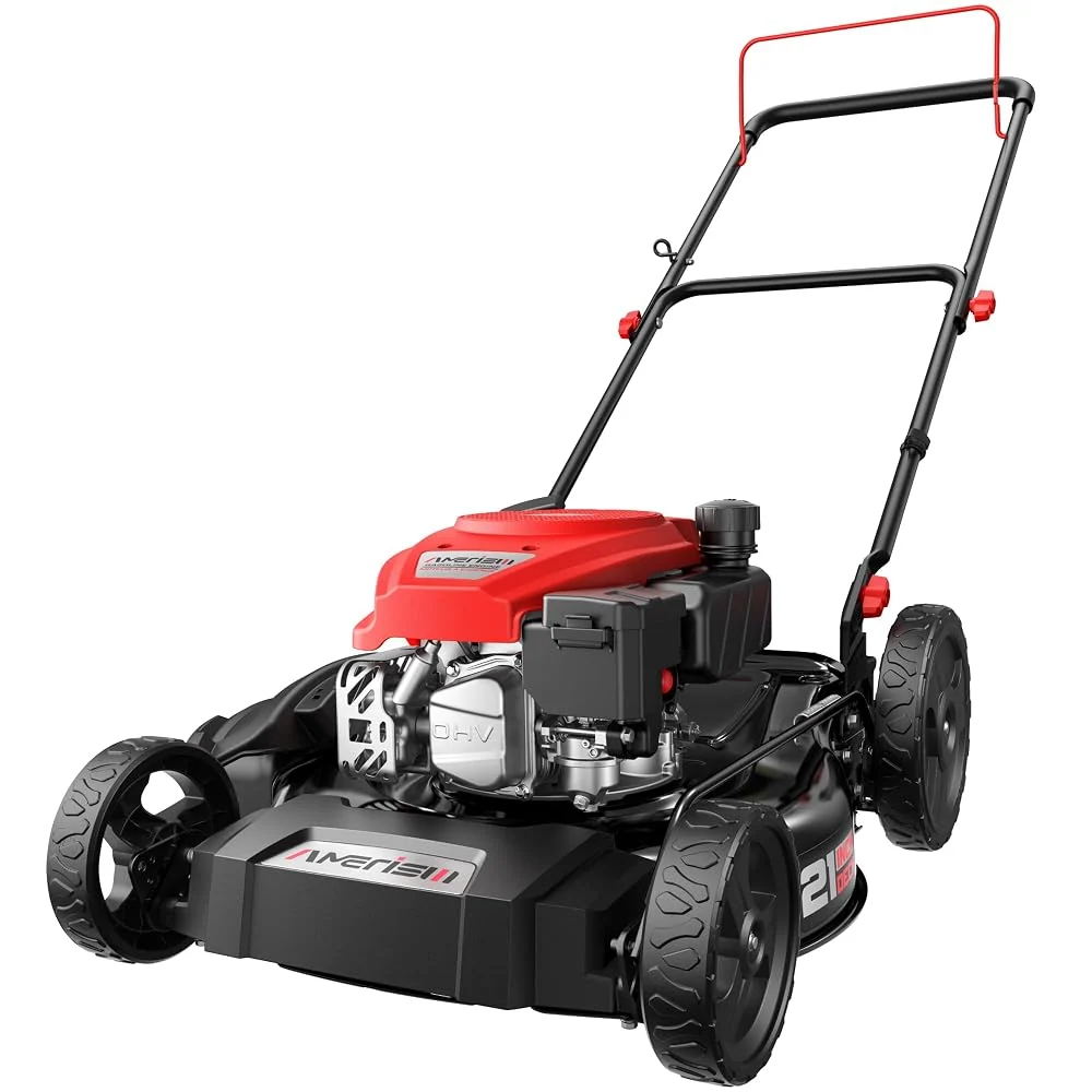 AMERISUN 21′′Gas Lawn Mower, 140cc Engine, 2-in-1 Mulching & Side Discharge, 6-Position Height Adjustment, Foldable Handles for Lawn, Yard, and Garden Maintenance