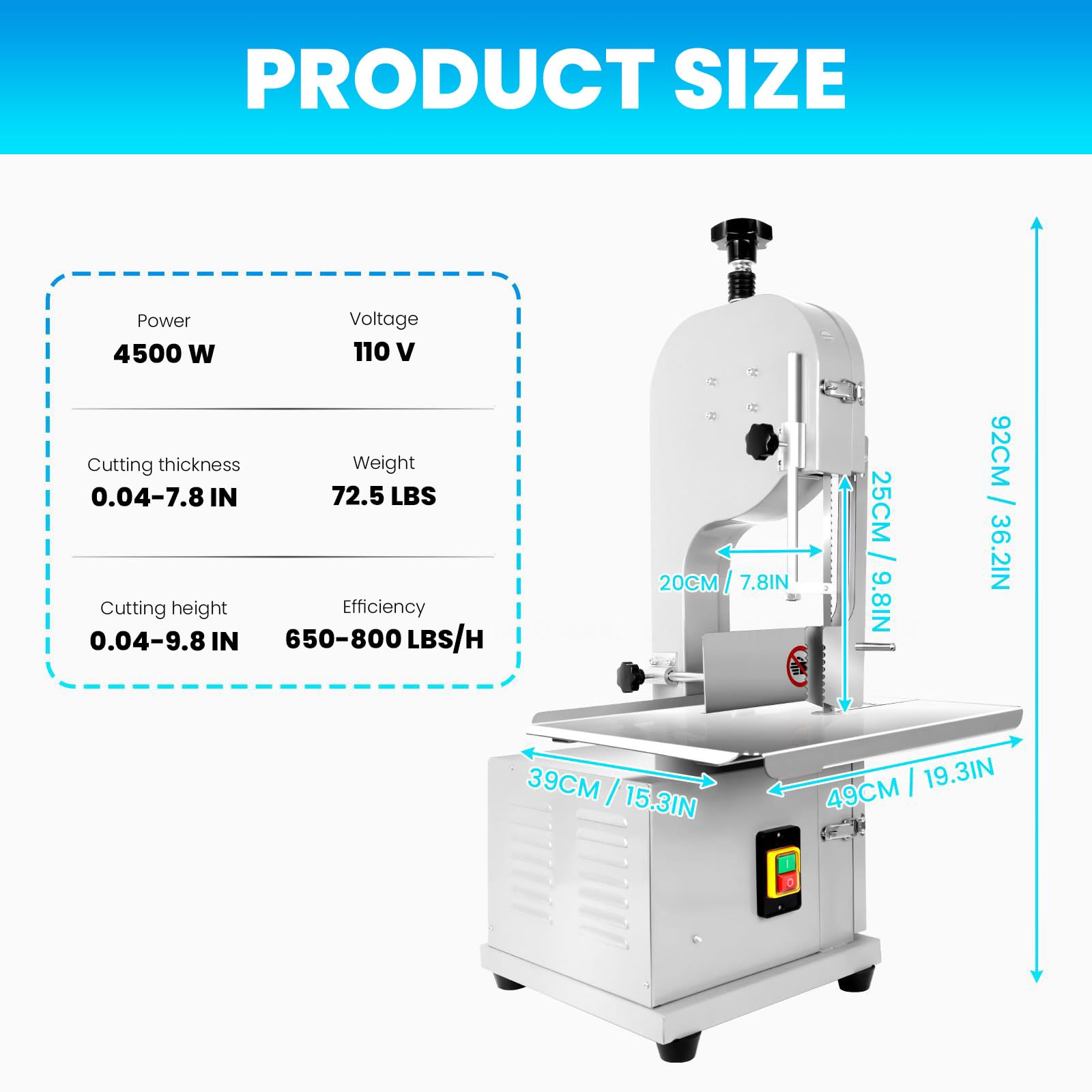 4000W Commercial Meat Band Saw, 9.8in Cutting Height Frozen Meat Cutter | Energy-Saving Electric Vertical Bone Saw Machine with 8 Bonus Blades, 800LBS/H Work Effiency, Pork, Beef, Chicken, Bone