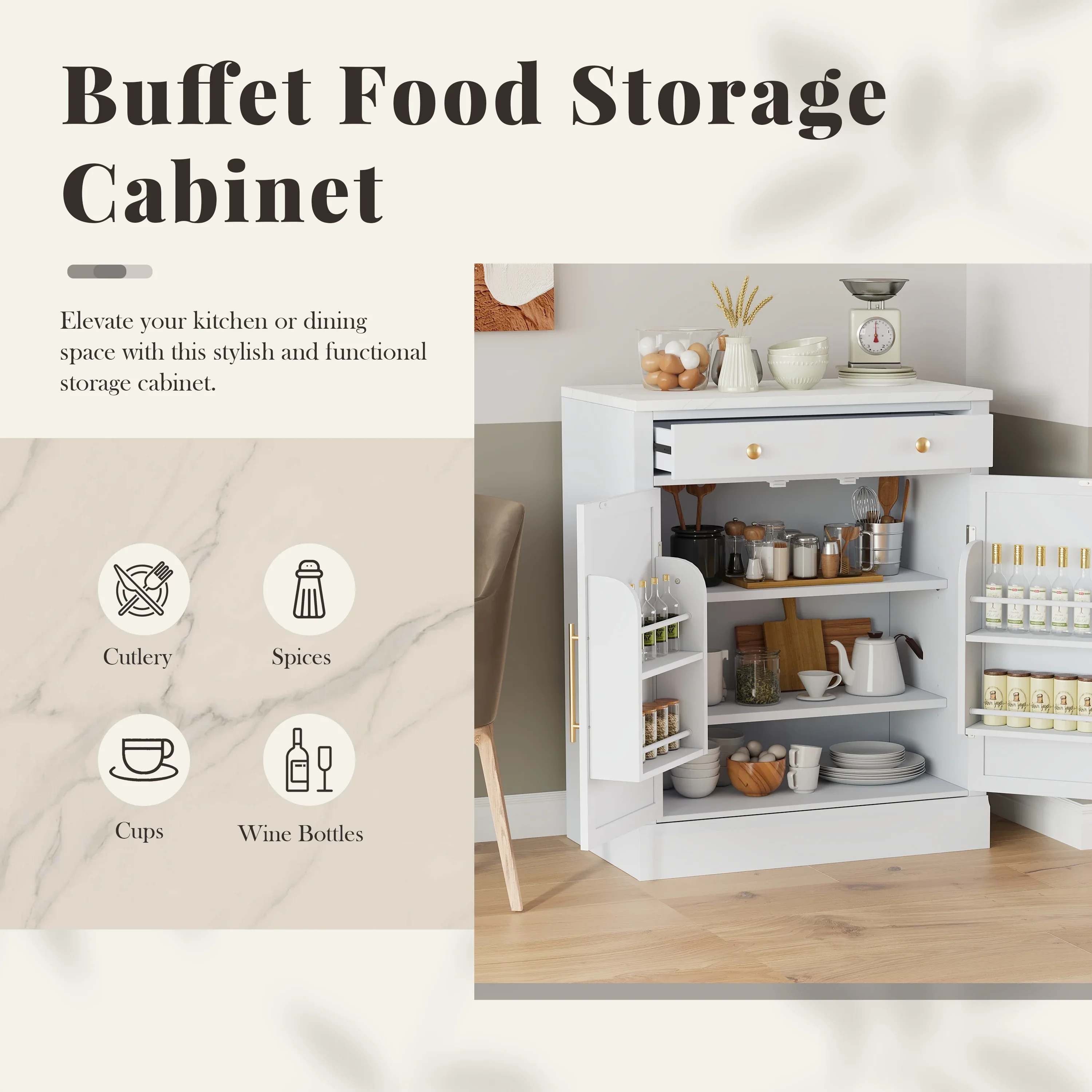 Euroco Modern Freestanding Kitchen Pantry,Buffet Food Storage, Coffee Bar Cabinet with Drawer, 2 Adjustable Shelves and 2 Door Shelves for Dining, Kitchen,White