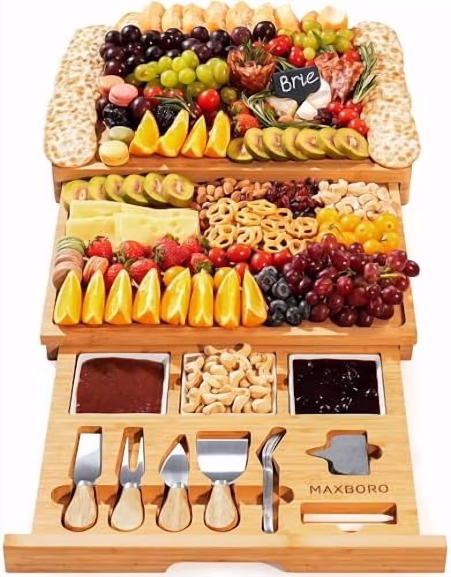 Extra Large 33.7x15.7 in Charcuterie Boards Gift Set, 100% Bamboo Cheese Board and Knife Set, Cool Meat Cheese Platter Tray, House Warming Gifts New Home, Ideas for Women Mom
