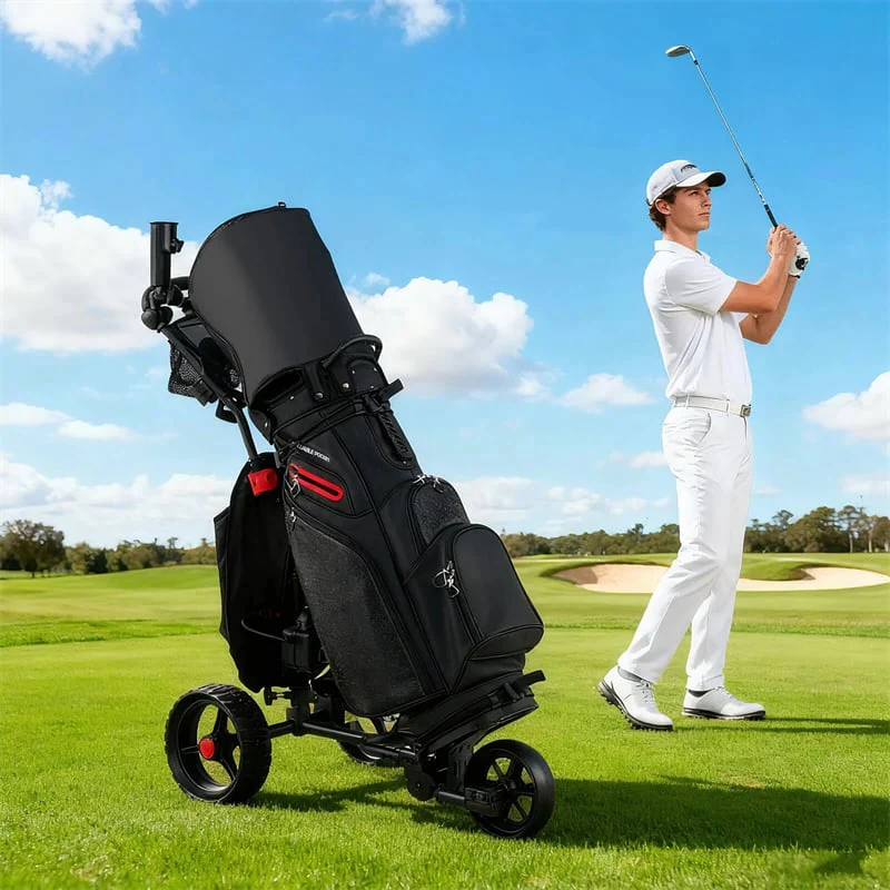 Electric Golf Push Cart Foldable 3-Wheel w/ Adjustable Handle, 9 Speed Settings, 18 Hole Battery, Umbrella Holder, Drink Holder, Cooler Bag & USB Port