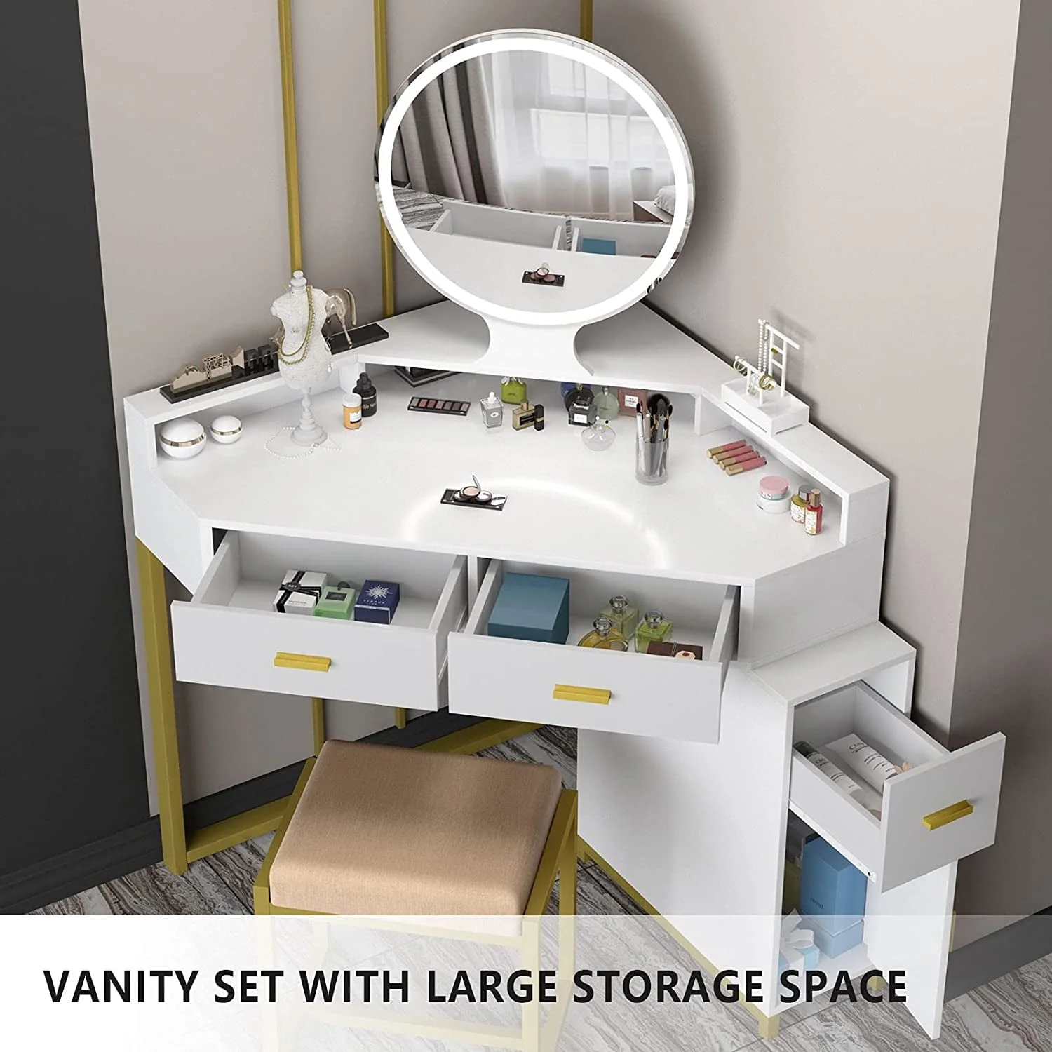 Corner Vanity Set with Lighted Mirror, Makeup Vanity Dressing Table with Drawers, Cabinet and Cushioned Stool, Girls Vanity Desk for Bathroom, Bedroom, White by TZUTOGETHER Image 6