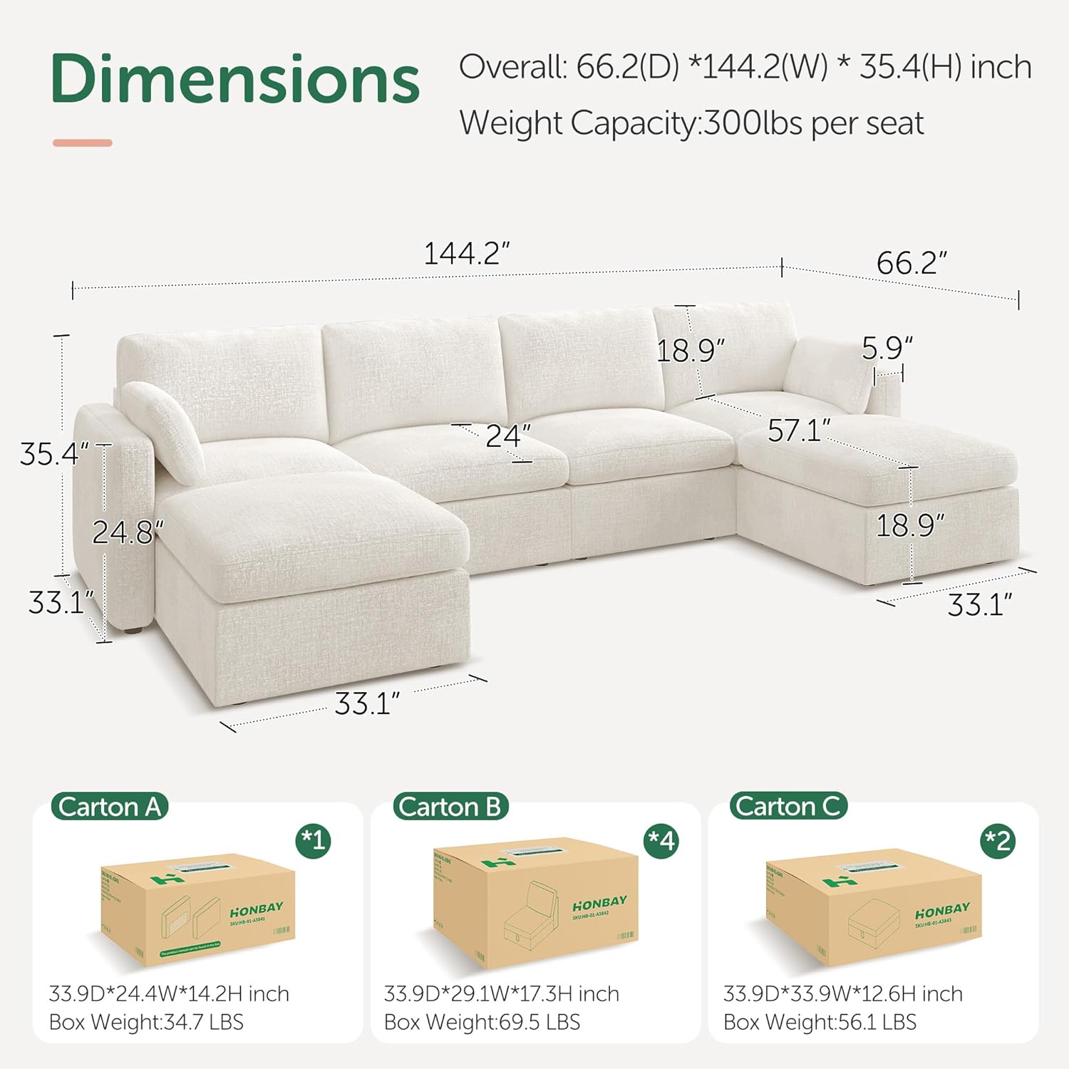 HONBAY Sectional Couch with Storage Seats, Modular Sectional Sofa with Storage Ottoman, U Shaped Sectional Couches for Living Room, Light Beige