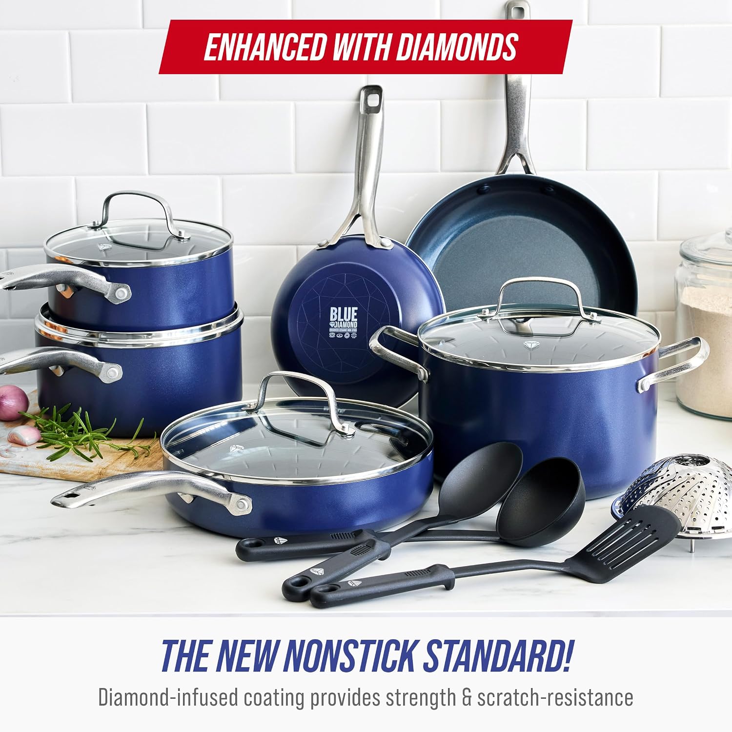 Blue Diamond 14 Piece Cookware Set, Diamond Infused PFAS & PFOA-Free Ceramic Nonstick Pots and Pans, Durable, Non-Toxic, Metal Utensil Safe & Scratch Resistant, Dishwasher & Oven Safe, Blue