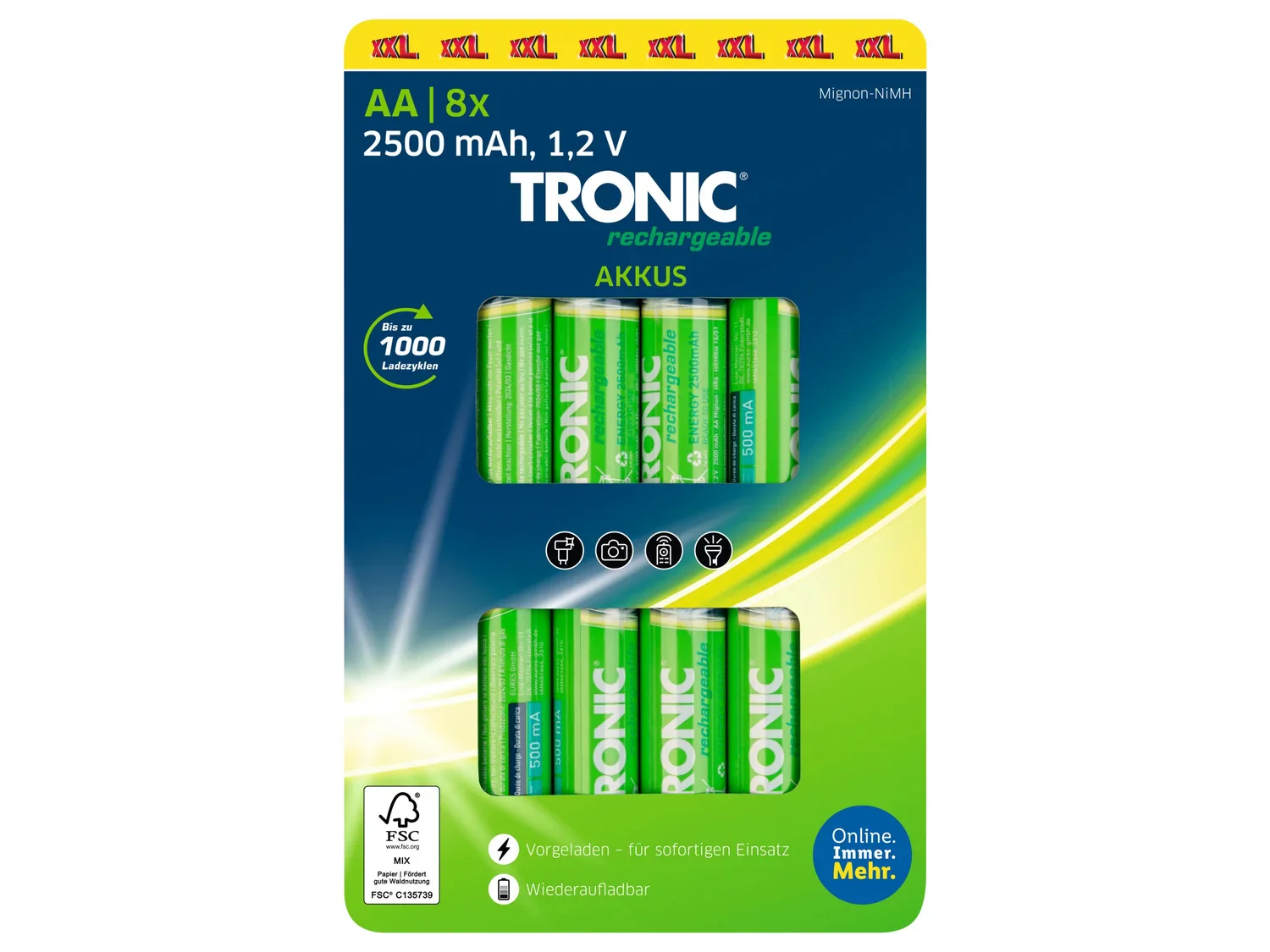 TRONIC Piles AA ou AAA Accu Ni-MH Ready 2 Use, 1,2 V, 8 pices