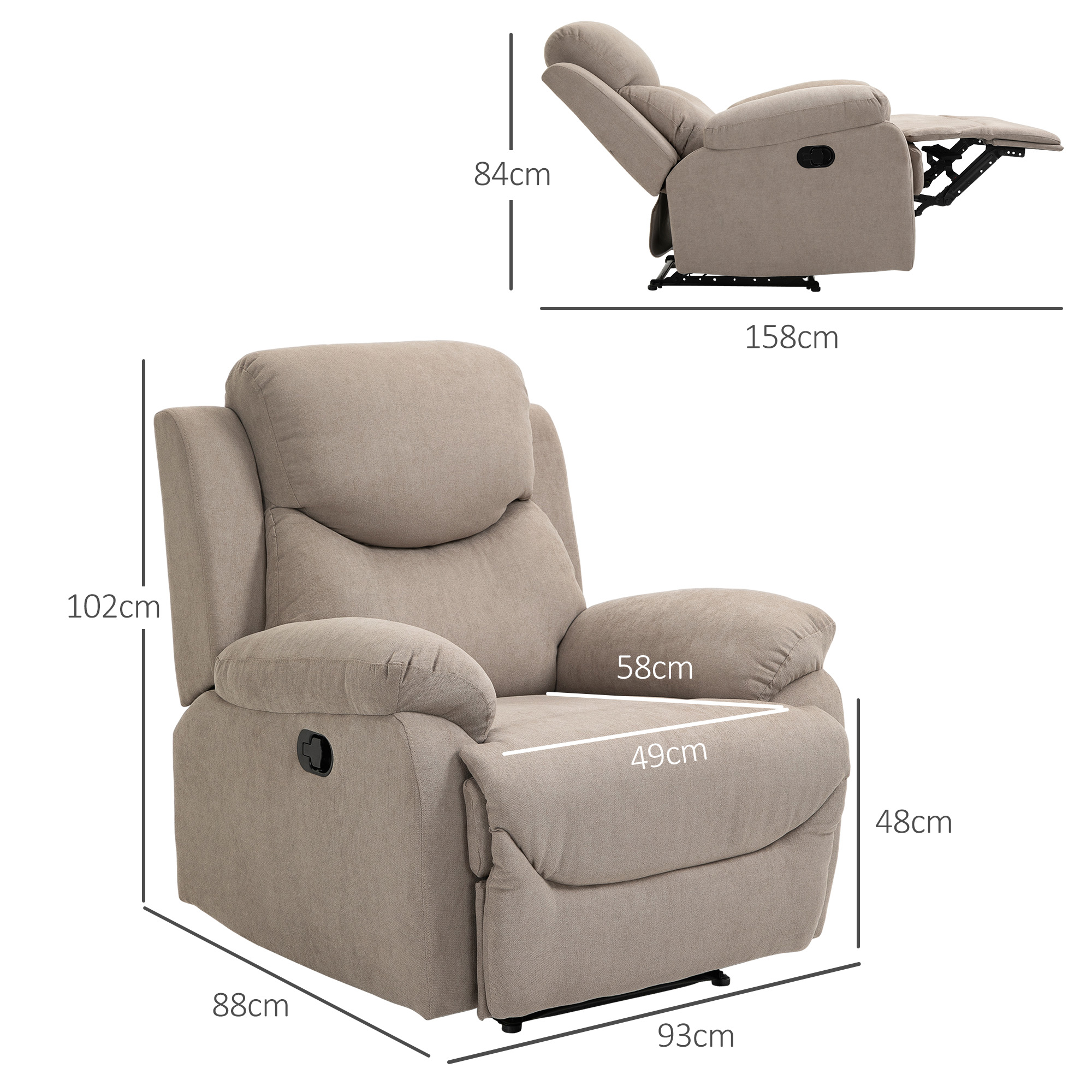 HOMCOM relaxfauteuil enkele sofa ligbed kantelbaar 150 ° TV-fauteuil linnen beige 97 x 96 x 105,5 cm
