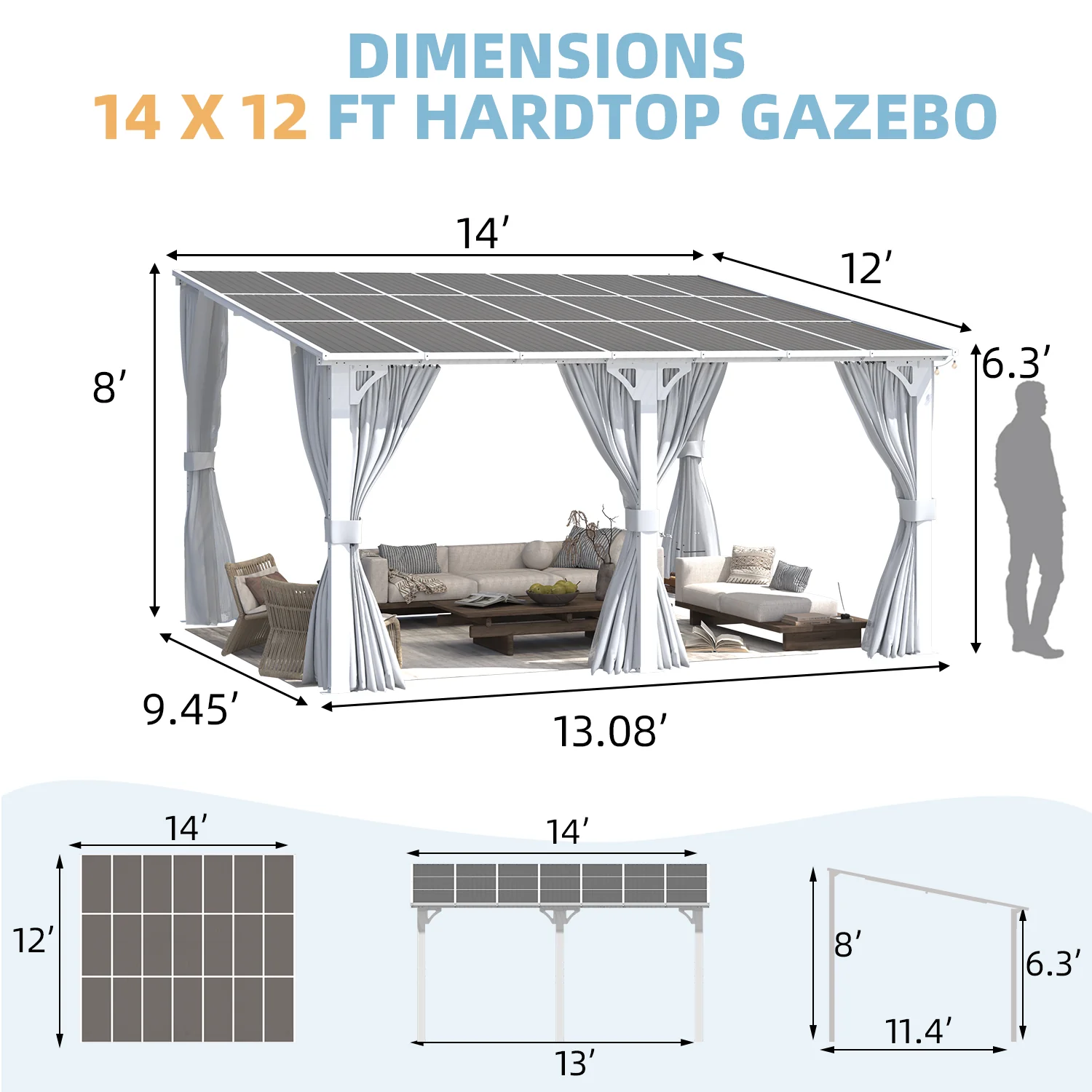 AECOJOY 14'x12' Wall Gazebo with Curtains and Mosquito Netting, White